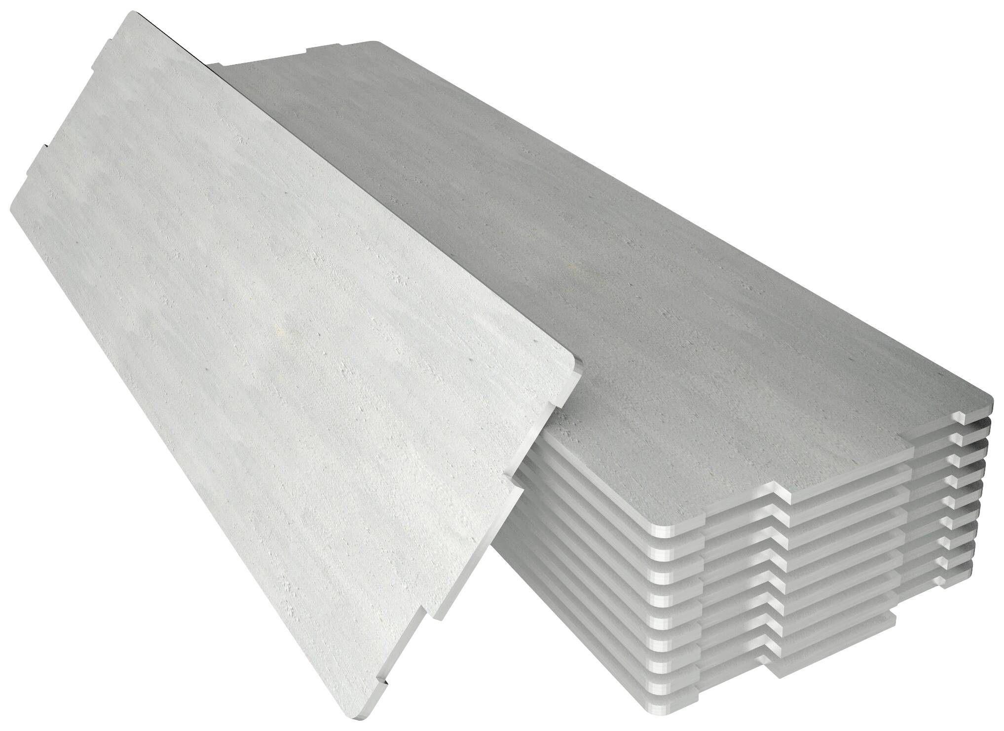 Graue Paneele, aufgestapelt und eins schräg daneben gestellt. Sie scheinen für Bauzwecke geeignet zu sein.