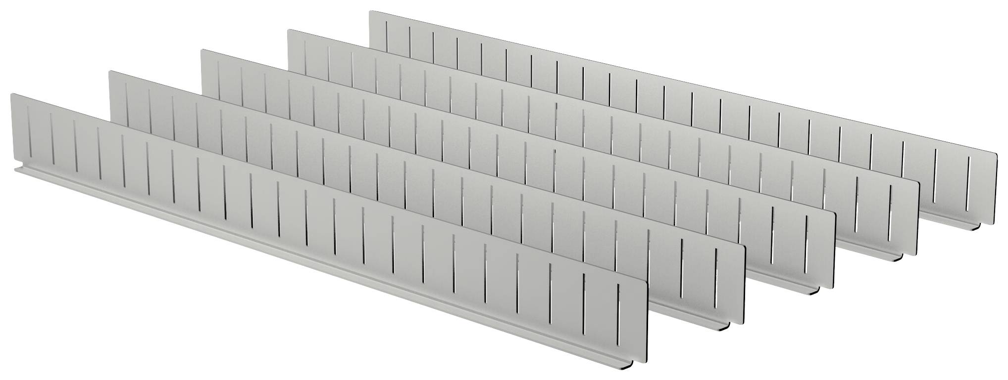Ein Satz grauer Kabelkanäle mit Schlitzen zur Kabelführung. Ideal für die Organisation und den Schutz von Kabeln in technischen Umgebungen.