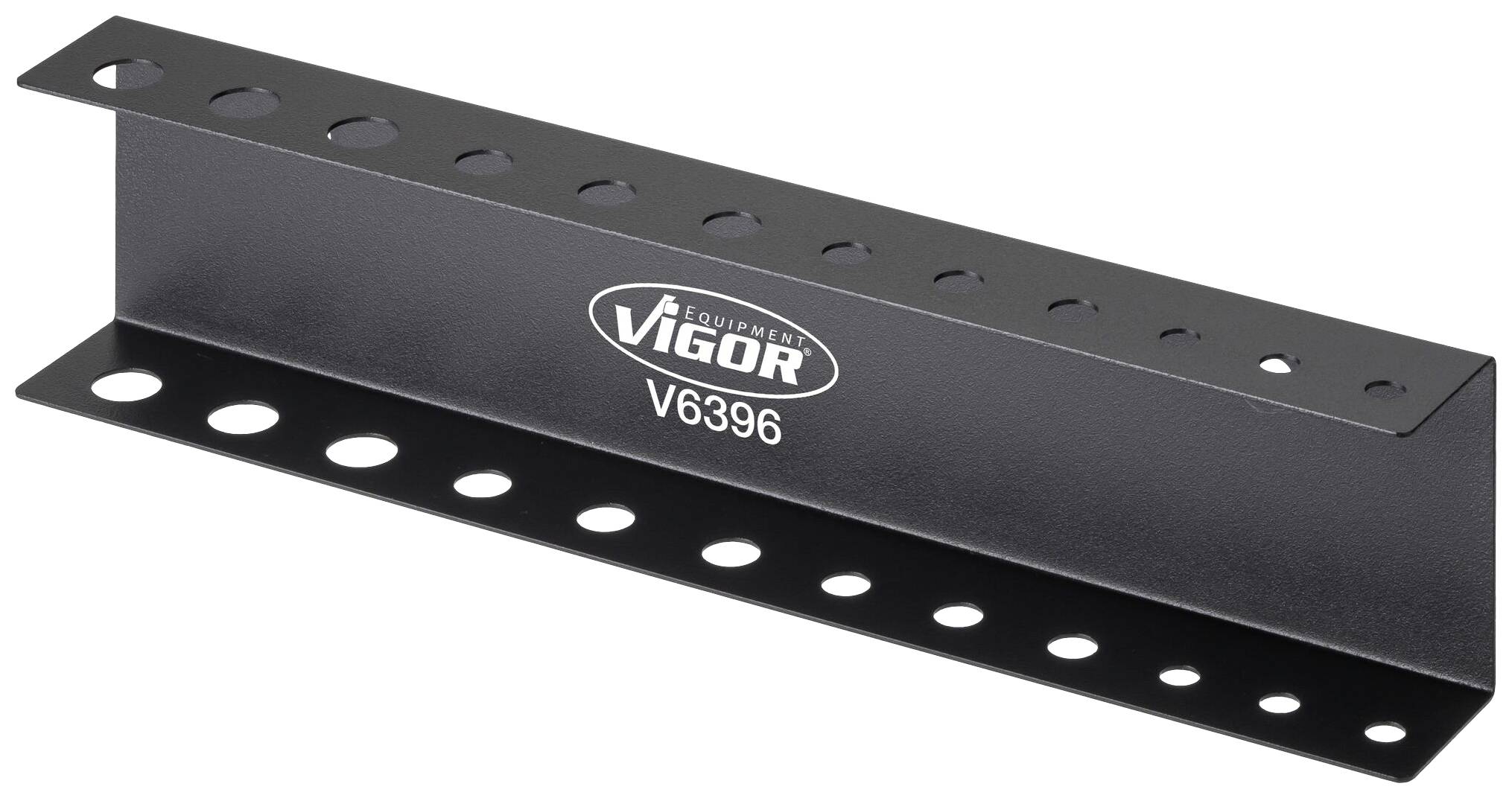 Schwarz lackierter Metallträger mit Löchern, auf dem 'VIGOR V6396' steht. Verwendet zur Werkzeugaufbewahrung.