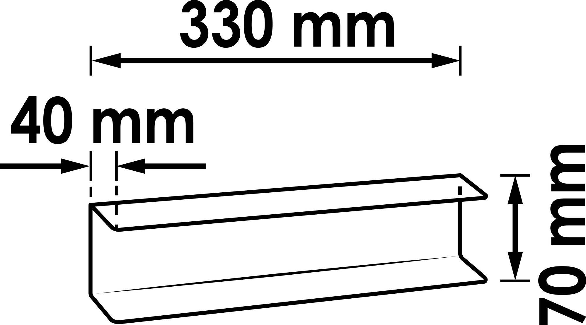 Abbildung eines Metallprofilstücks mit den Maßen 330 mm Länge, 40 mm Breite und 40 mm Höhe.