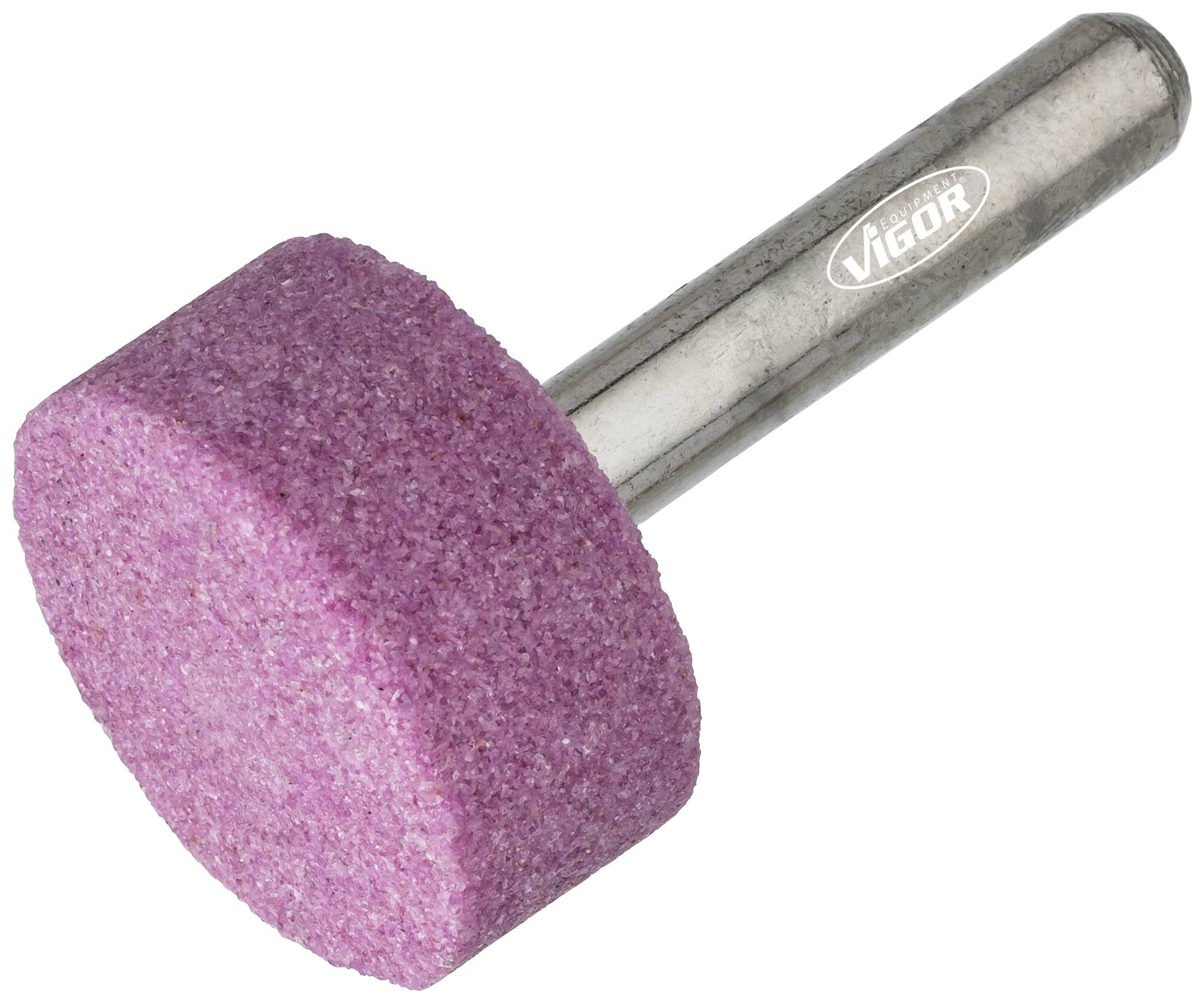 Ein zylindrischer, rosa Schleifstein mit Metallstift, gebrandmarkt mit 'VIGOR', verwendet zum Schleifen oder Polieren von Oberflächen.