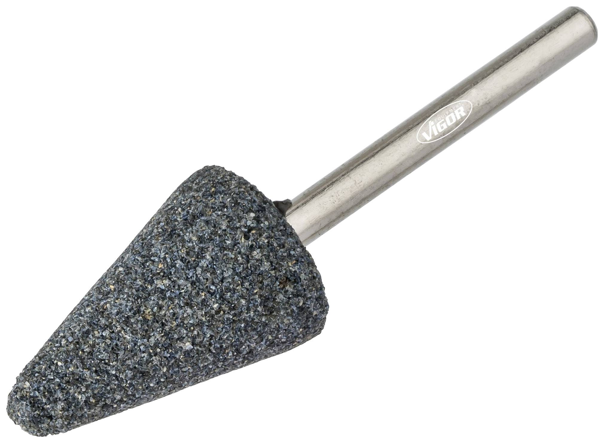 Ein konisch geformter Schleifstein mit silbernem Schaft, geeignet für präzises Schleifen und Schärfen von Metall- und Holzteilen.