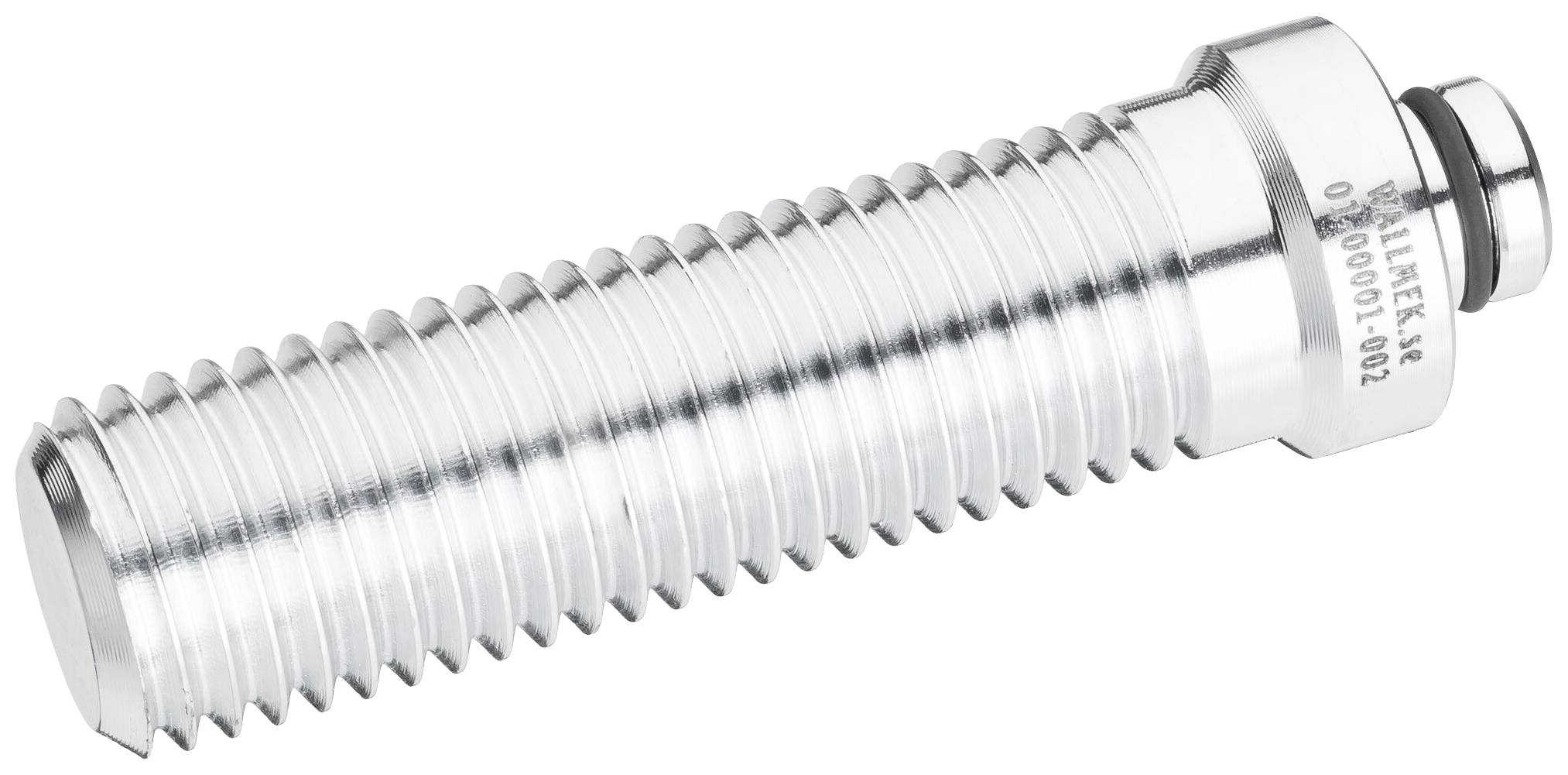 Silberner, zylindrischer Gewindebolzen aus Metall, mit geriffelter Oberfläche und glattem Kopf.