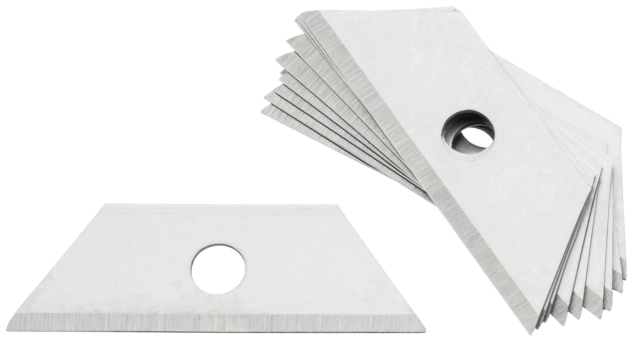 Mehrere trapezförmige Ersatzklingen aus Metall mit kreisförmiger Öffnung in der Mitte, nebeneinander gestapelt auf weißem Hintergrund.