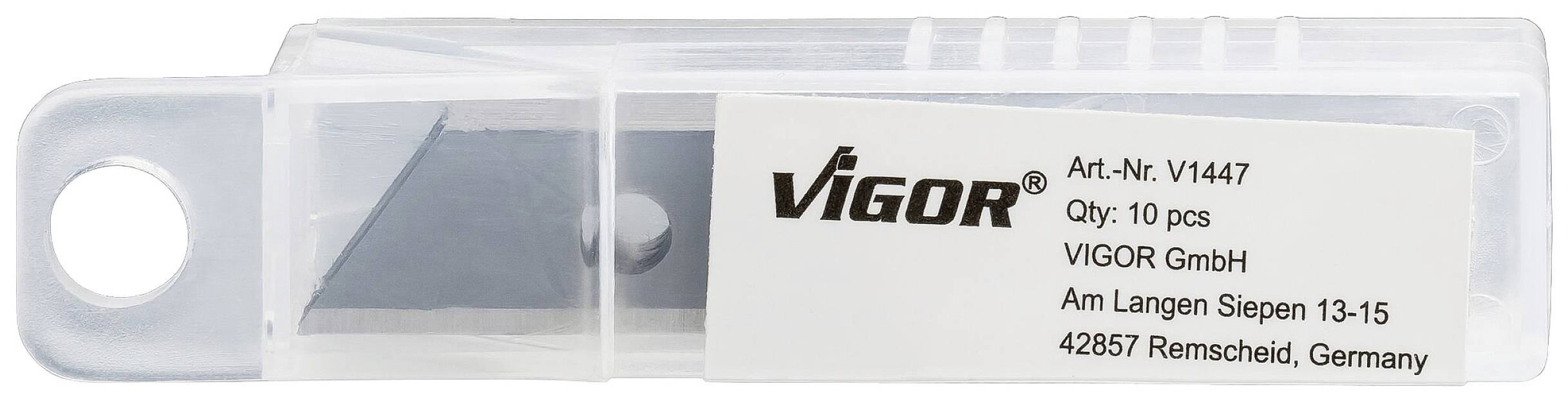 Klarsichtverpackung mit zehn Klingen der Marke 'VIGOR'; Art-Nr.: V1447; Adresse: Am Langen Siepen 13-15, 42857 Remscheid, Deutschland.