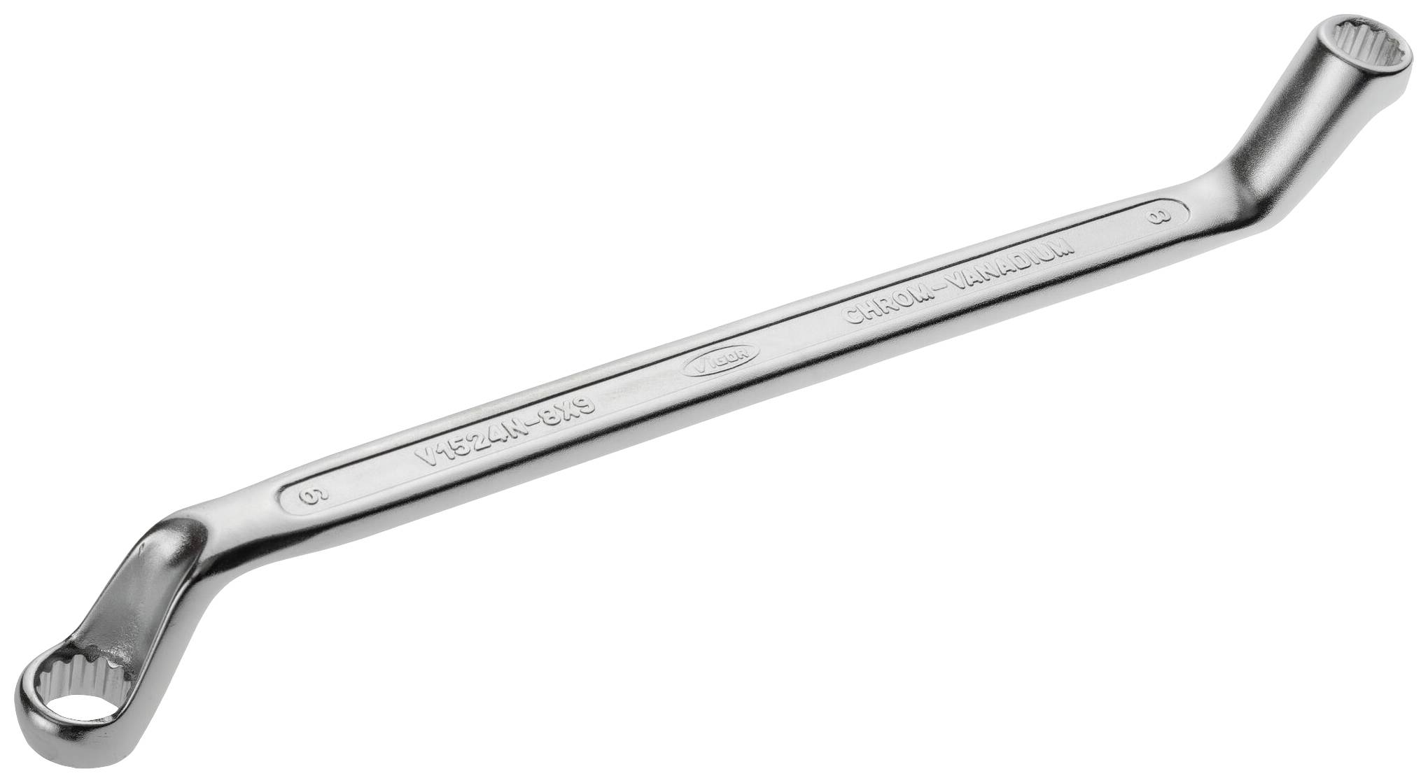 Doppelringschlüssel aus Metall mit abgewinkelten Enden, geeignet für verschiedene Schraubengrößen.