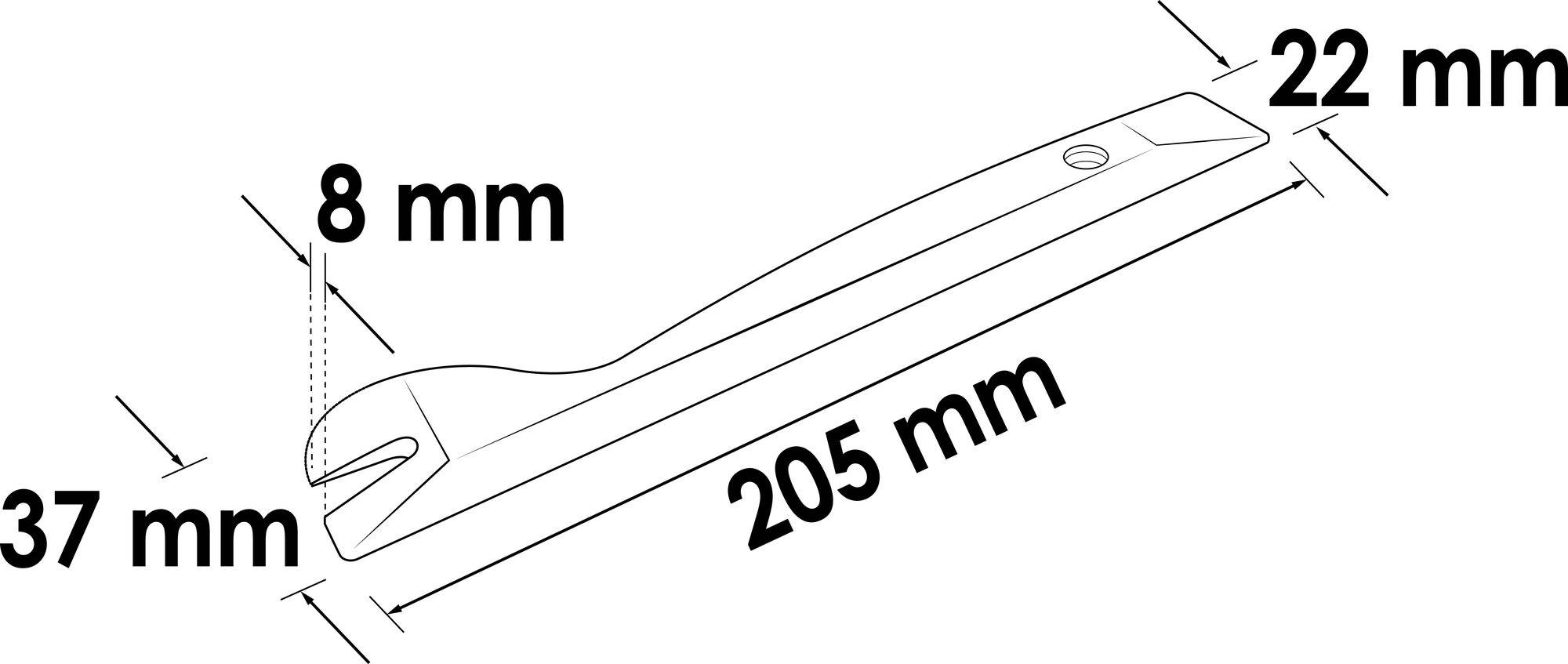 Abbildung eines Schraubenschlüssels mit Maßen: Länge 205 mm, Breite 22 mm, Maulweite 8 mm, Kopfstärke 37 mm.