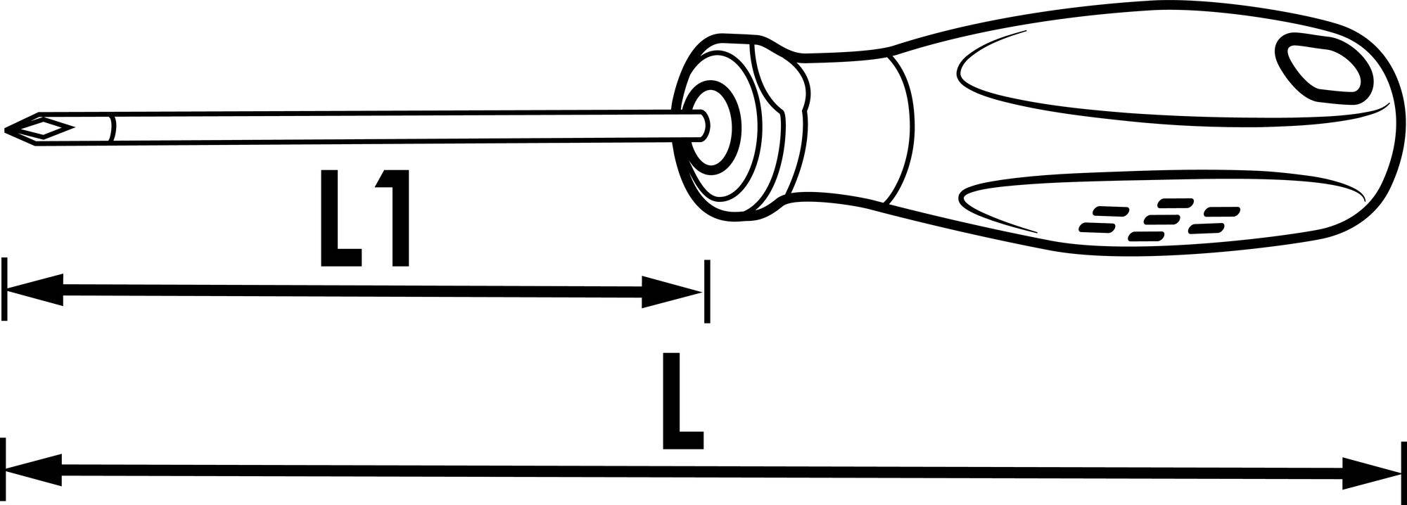 Abbildung eines Schraubendrehers mit eingezeichneten Längen 'L' und 'L1'.