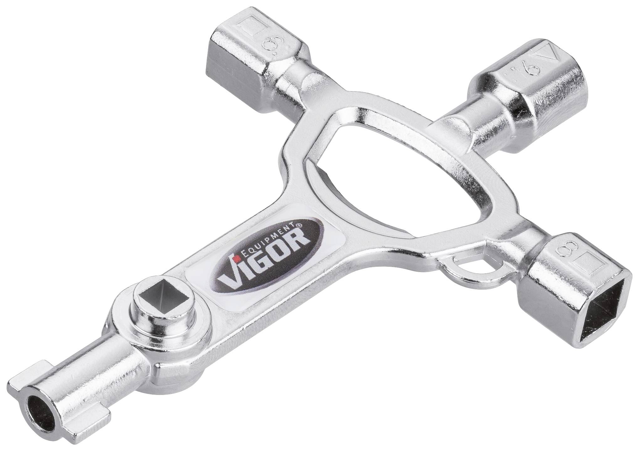 Ein silberner Universalschlüssel mit vier verschiedenen Aufsätzen zur Verwendung im Handwerk, markiert mit 'Vigor'.