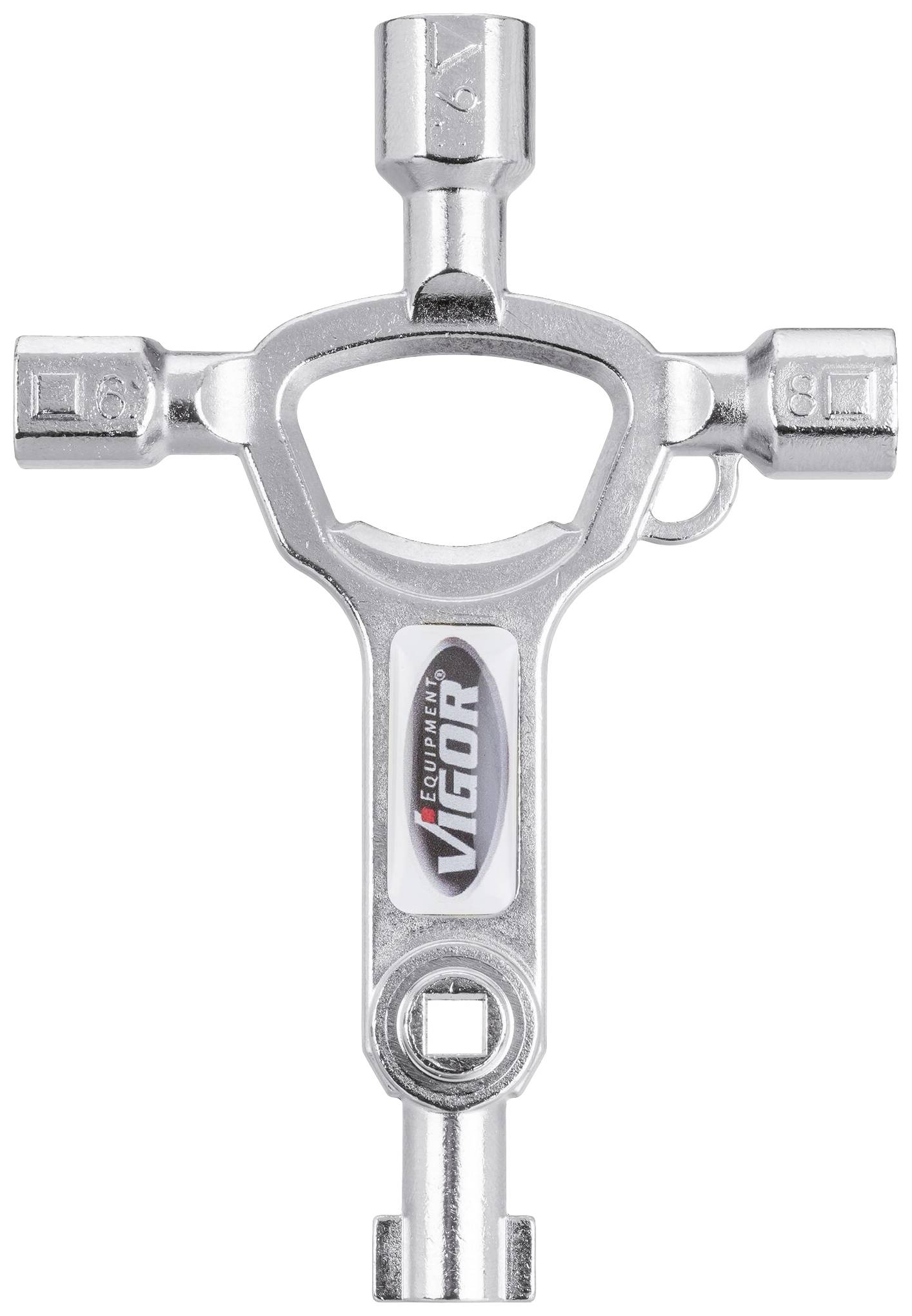 Kreuzförmiger Universalschlüssel mit vier Steckschlüsseln unterschiedlicher Größe, Markenname 'VIGOR' in der Mitte, silberfarben.