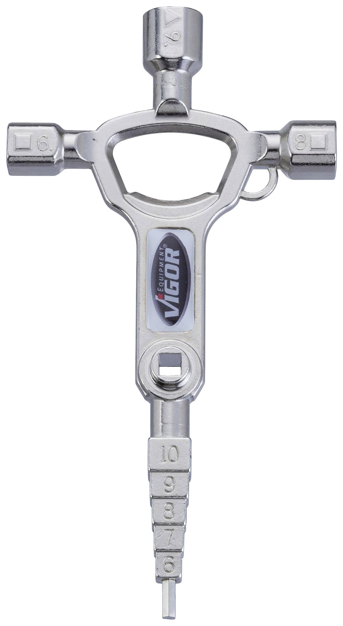 Ein silbernes Multitool in kreuzförmigem Design mit verschiedenen Steckschlüsseln und einem Schraubenzieher, geeignet für Sanitäranwendungen.