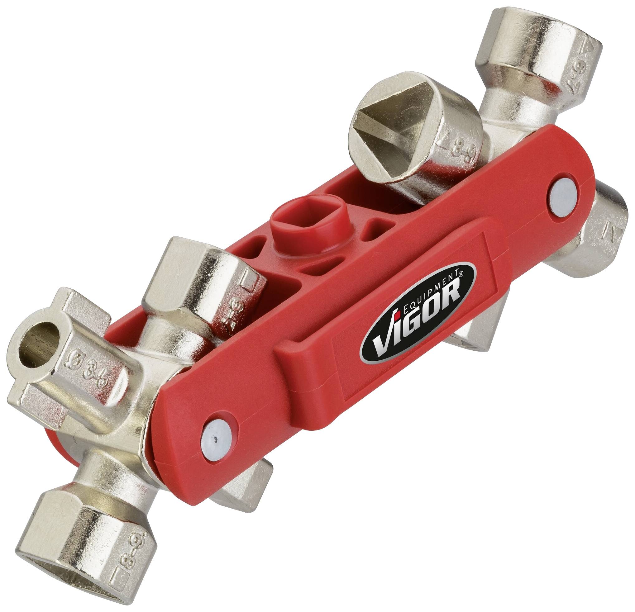 Ein vielseitiges rotes Vierkantschlüssel-Werkzeug mit mehreren Steckschlüsseln, die an einem zentralen Griff angebracht sind.
