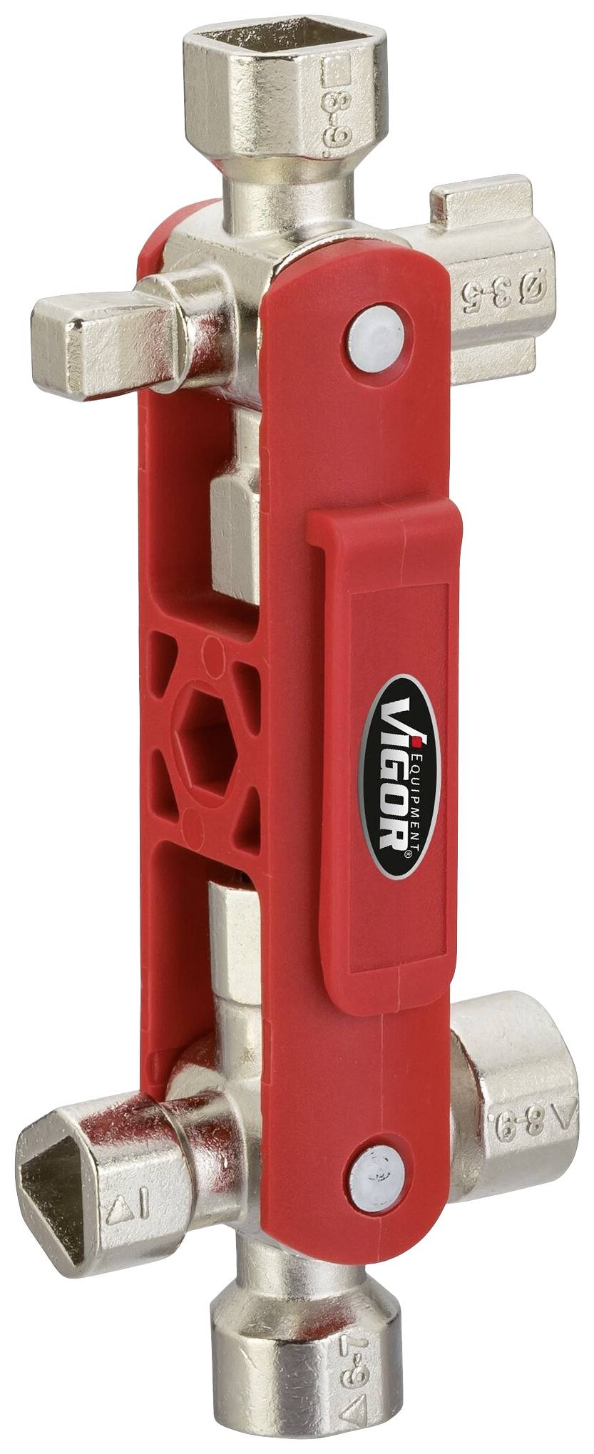 Ein roter Vierkantschlüssel mit vier unterschiedlichen Steckverbindungen aus Metall, geeignet für verschiedene Ventile und Verschlüsse.