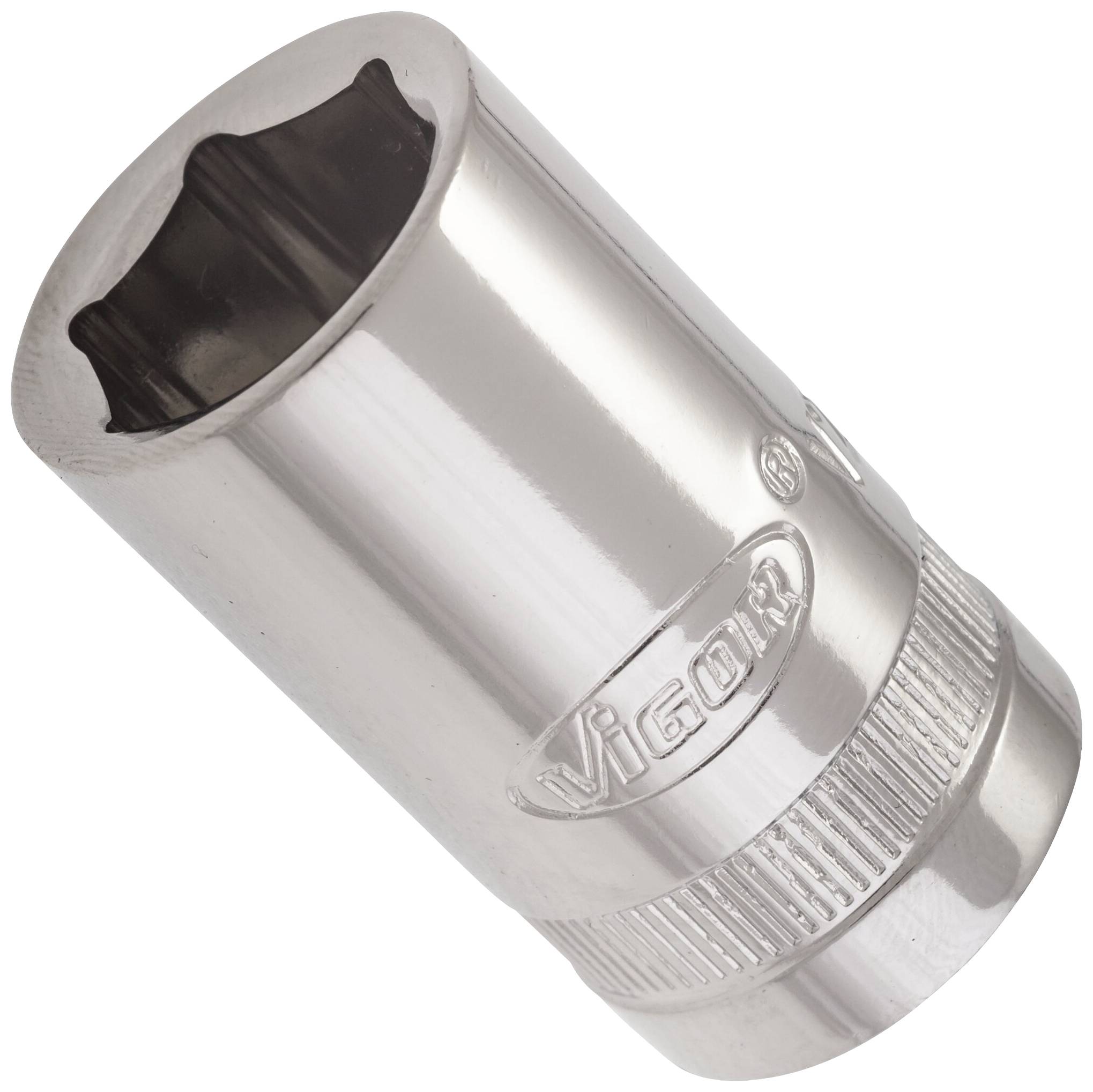 Glänzender Steckschlüsseleinsatz mit der Aufschrift 'Vigor', hergestellt aus Metall, für handwerkliche Arbeiten geeignet.