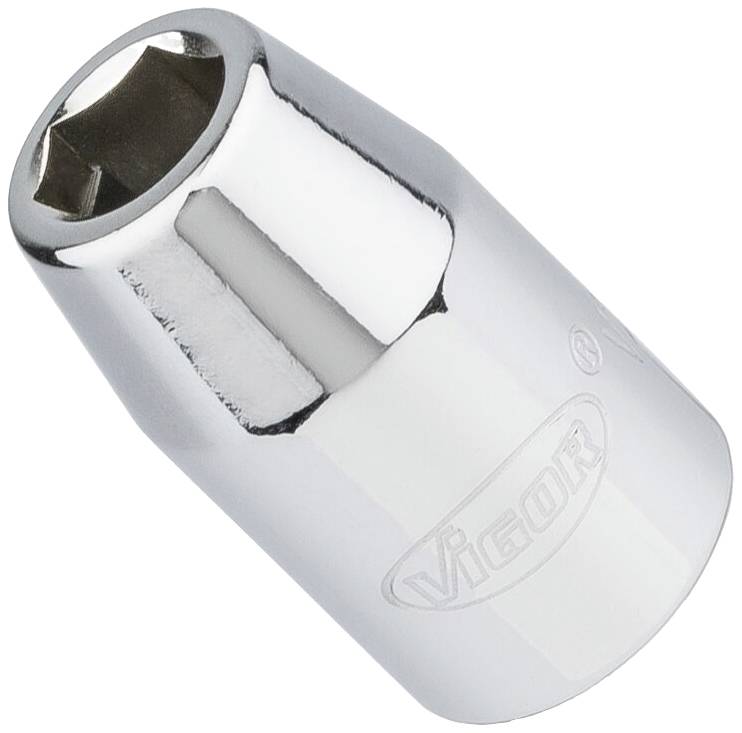 Metallischer Steckschlüsseladapter mit reflektierender Oberfläche, Markenname 'Vigor'.