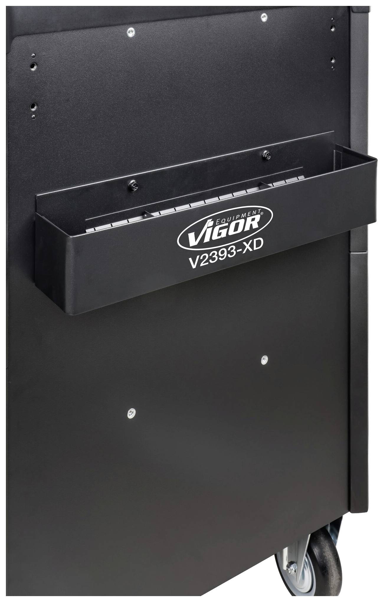 Schwarzer Werkzeugwagen mit Seitenablage von 'Vigor', Modell V2393-XD, auf Rollen. Ideal zur Werkzeugaufbewahrung und Werkstattorganisation.