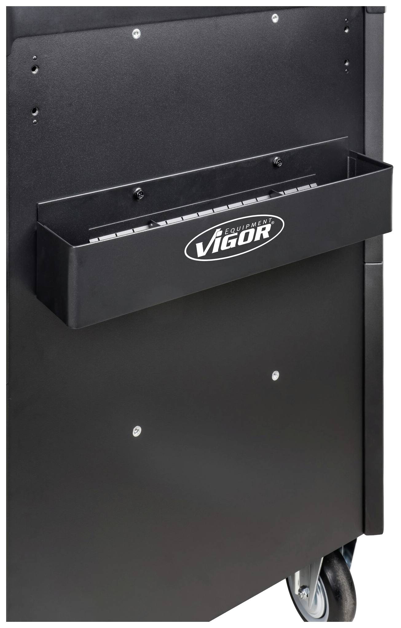 Schwarzer Werkstattwagen mit dem Logo 'VIGOR' auf einer seitlichen Ablage. Der Wagen hat Rollen für Mobilität.