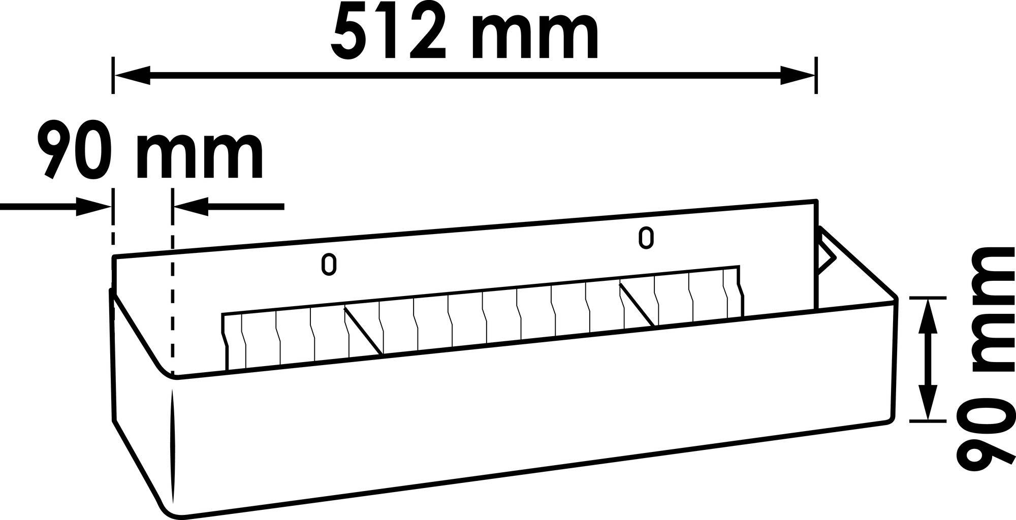 Rechteckiger Behälter mit den Maßen 512 mm Länge, 90 mm Breite, 90 mm Höhe. Enthält eine Abtrennung mit eingezeichneten Linien.