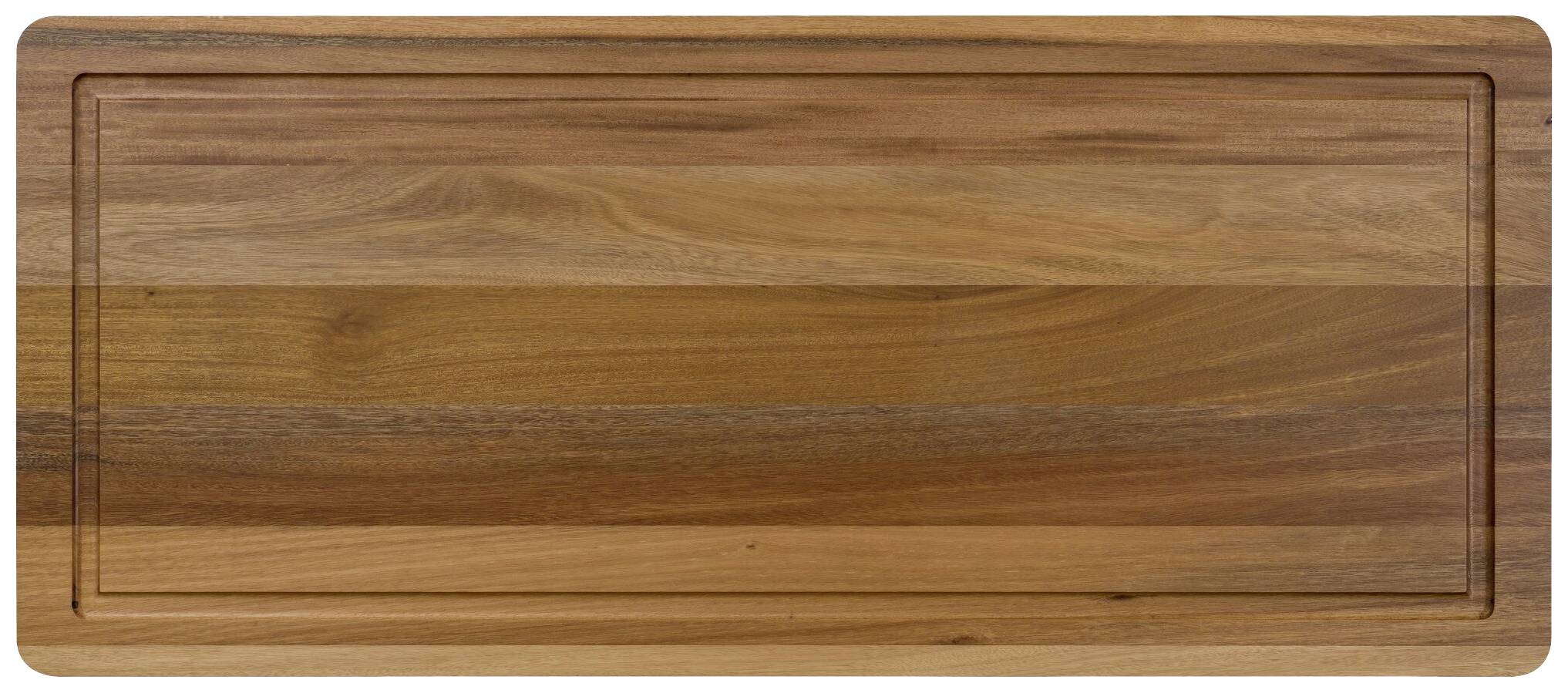 Massives rechteckiges Schneidebrett aus hellem Holz mit glatter Oberfläche und leicht abgesetztem Rand.
