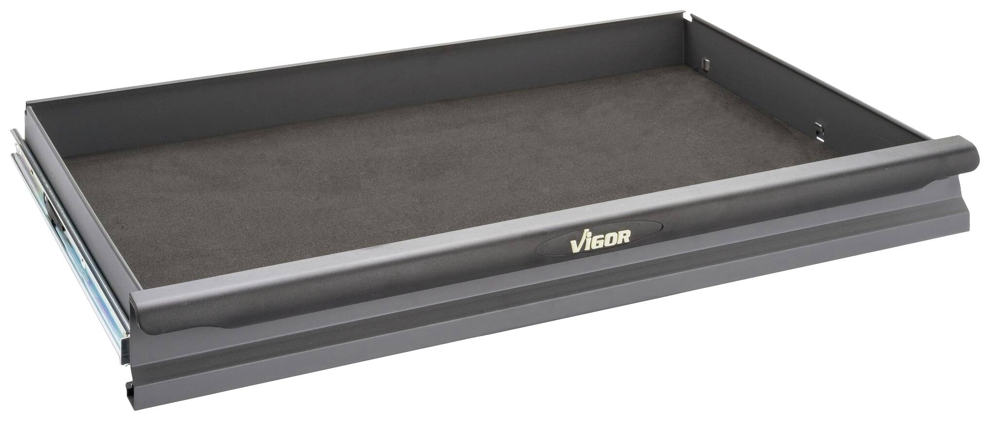 Schwarze Ablagefläche aus Metall mit leicht erhöhter Kante, Logo 'Vigor' auf der Vorderseite, geeignet zur Aufbewahrung von Werkzeugen.