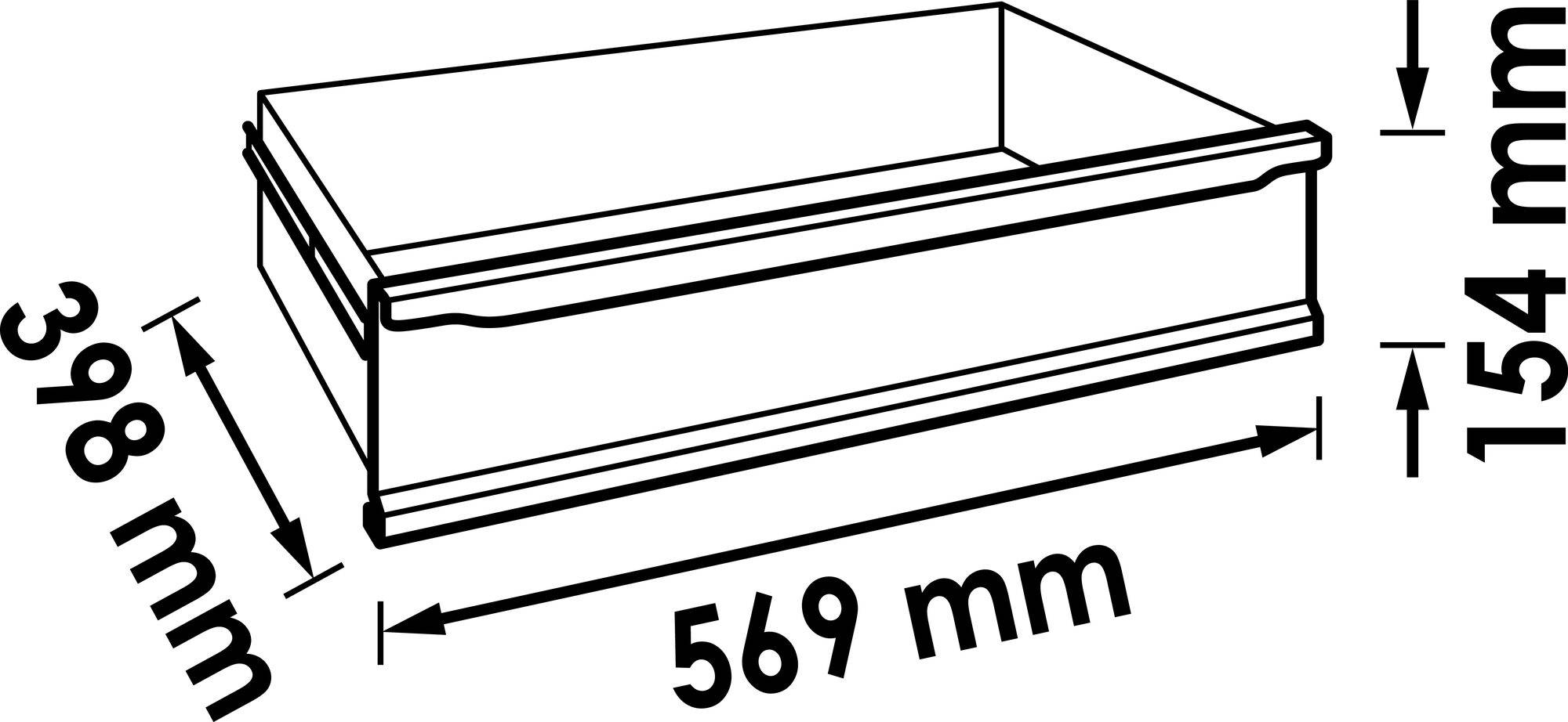 Diagramm einer rechteckigen Schublade mit den Maßen: Breite 569 mm, Höhe 154 mm, Tiefe 398 mm. Zeigt Dimensionen zur Installation.