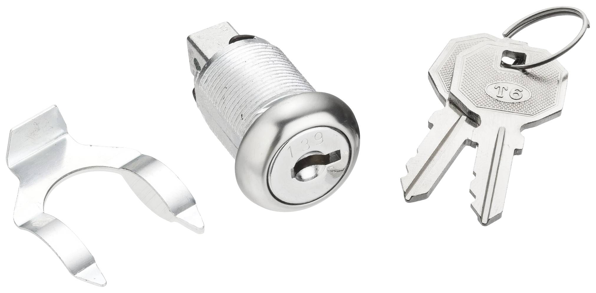 Ein Schlosszylinder mit zwei zugehörigen Schlüsseln, zusammen mit einem Sicherungsclip, auf weißem Hintergrund.