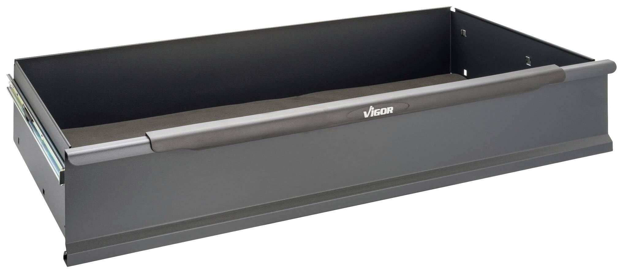 Schwarze Schublade mit erhöhten Seiten, geeignet zur Aufbewahrung von Werkzeugen. Sichtbar sind Rollen an den Seiten zur einfachen Handhabung.