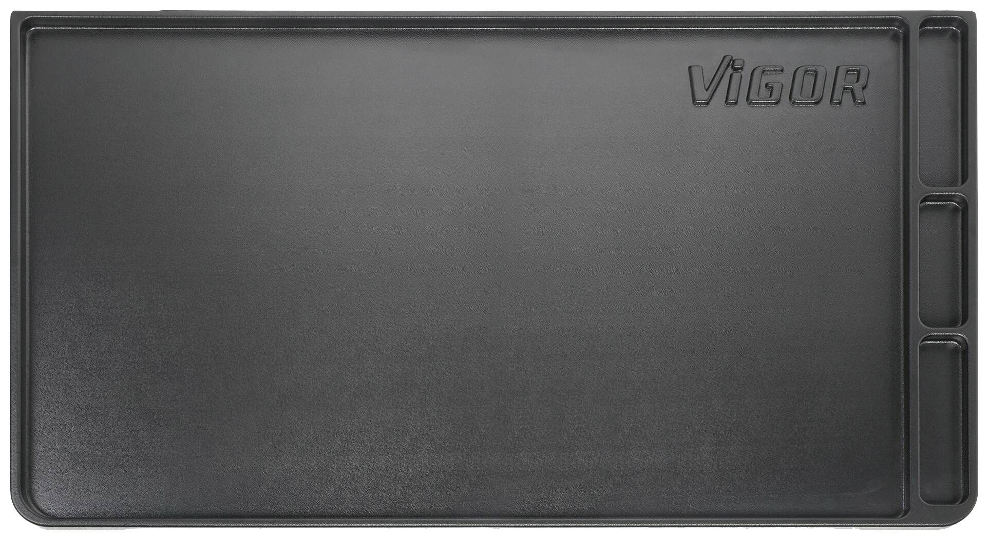 Schwarzes Werkzeugtablett mit dem Aufdruck 'VIGOR' in der oberen rechten Ecke, drei Fächer auf der rechten Seite.