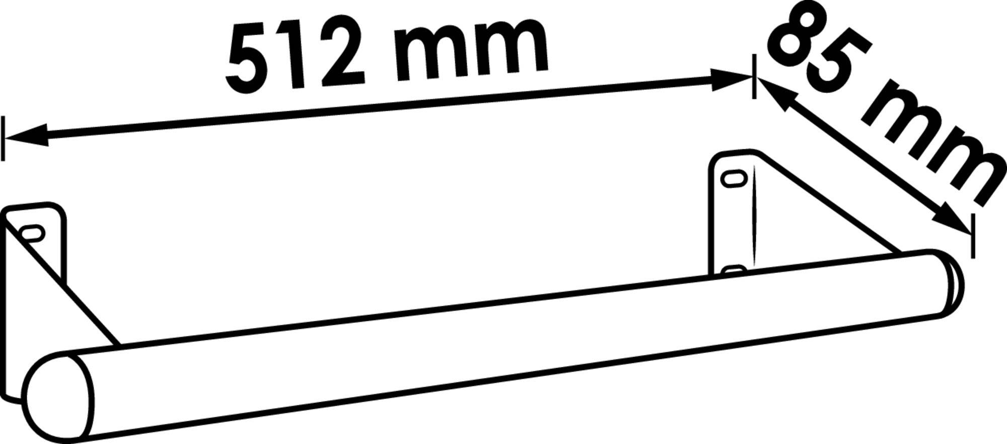 Handtuchhalter mit Maßen: Breite 512 mm, Tiefe 85 mm. Wandanbringung durch zwei Halterungen. Ideal für Badezimmer.