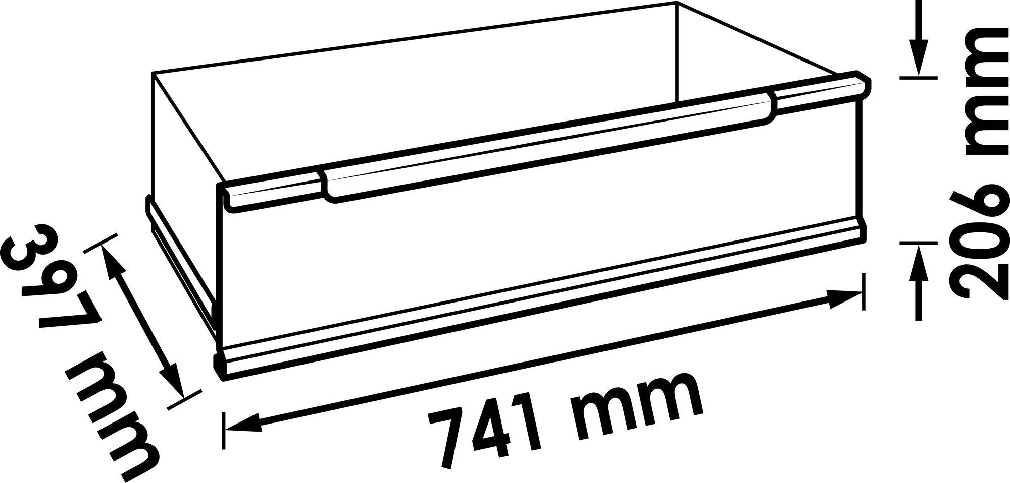 Abbildung einer Schublade mit den Maßen 741 mm Breite, 206 mm Höhe und 397 mm Tiefe.