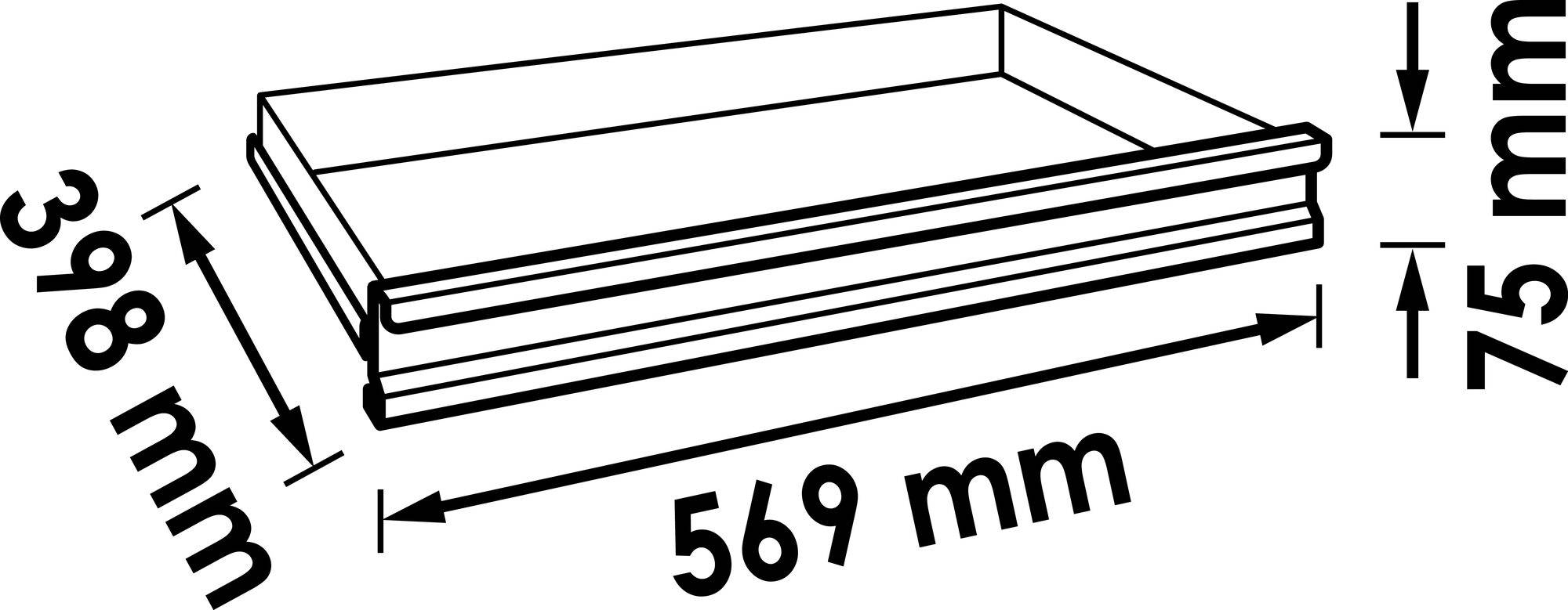 Diagramm eines rechteckigen Tabletts mit den Maßen 569 mm Länge, 398 mm Breite und 75 mm Höhe.