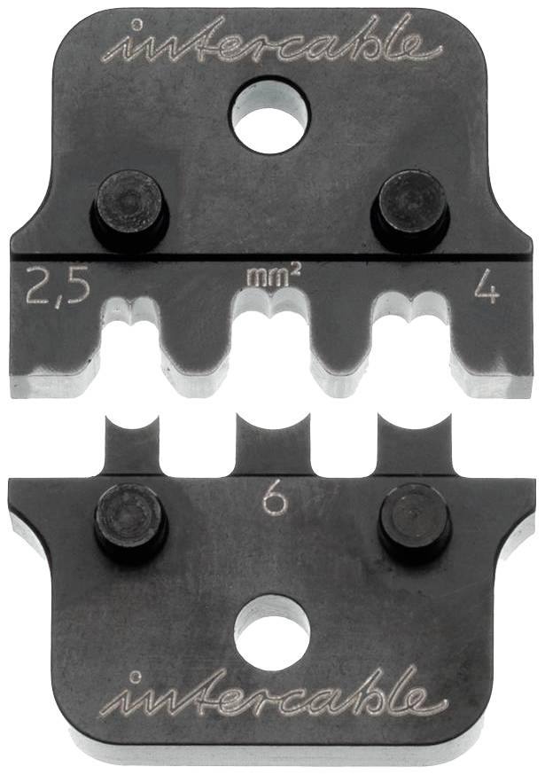 Crimpzangeaufsatz aus Metall mit Gravur 'intercable', zeigt Öffnungen für Kabelgrößen 2,5 mm², 4 mm² und 6 mm².