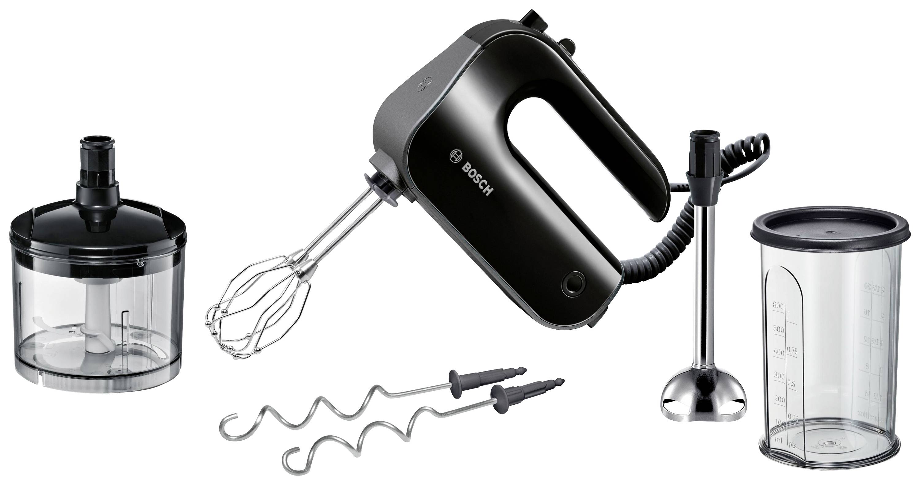 Schwarzer Handmixer-Set mit Rührbesen, Knethaken, Zerkleinerer und Mixaufsatz. Enthält Messbecher und Zubehör. Ideal zum Backen.