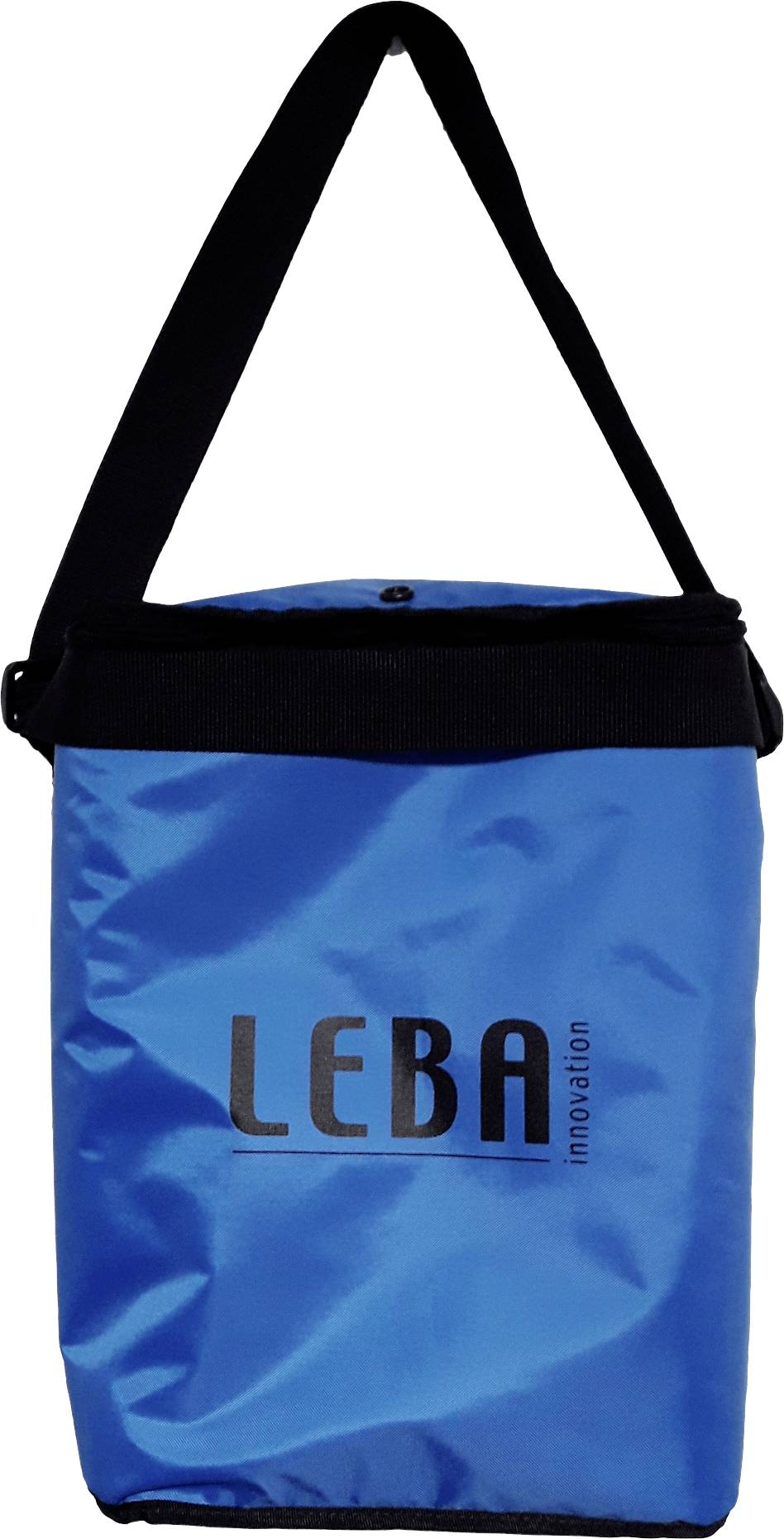 Blaue, isolierte Tragetasche mit schwarzem Trageriemen, weißem Reißverschluss und schwarzem Schriftzug 'LEBA innovation' auf der Vorderseite.