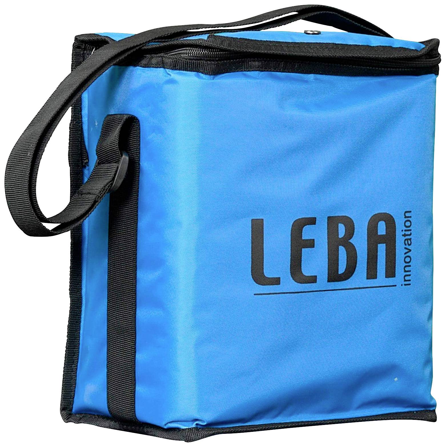 Blaue Tasche mit Tragegriff und Aufschrift 'LEBA innovation'. Ideal für den leichten Transport von Gegenständen.