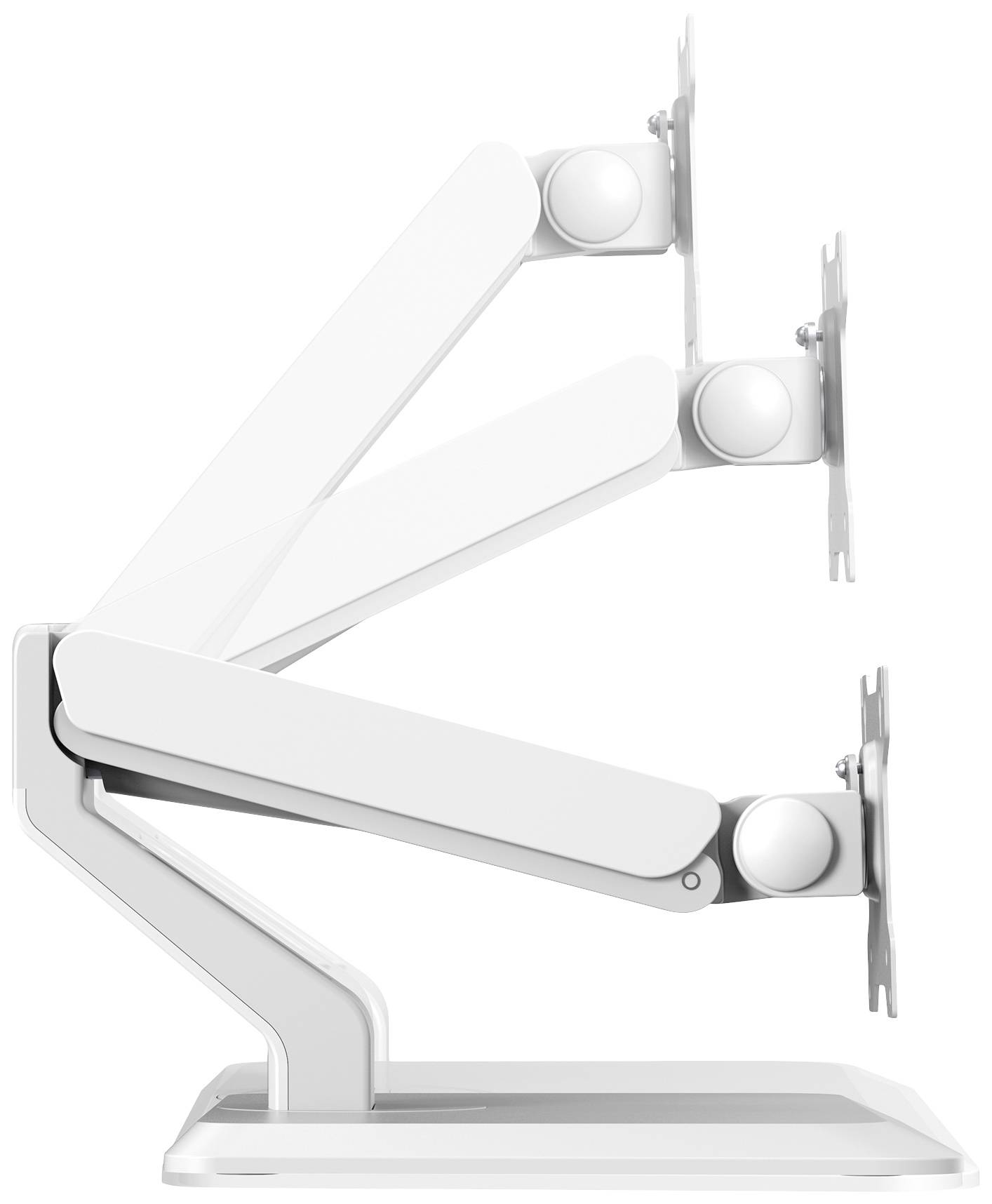 Ein verstellbarer Monitorarm in weiß mit drei Gelenken, der verschiedene Neigungswinkel zeigt. Ideal für ergonomische Arbeitsplätze.