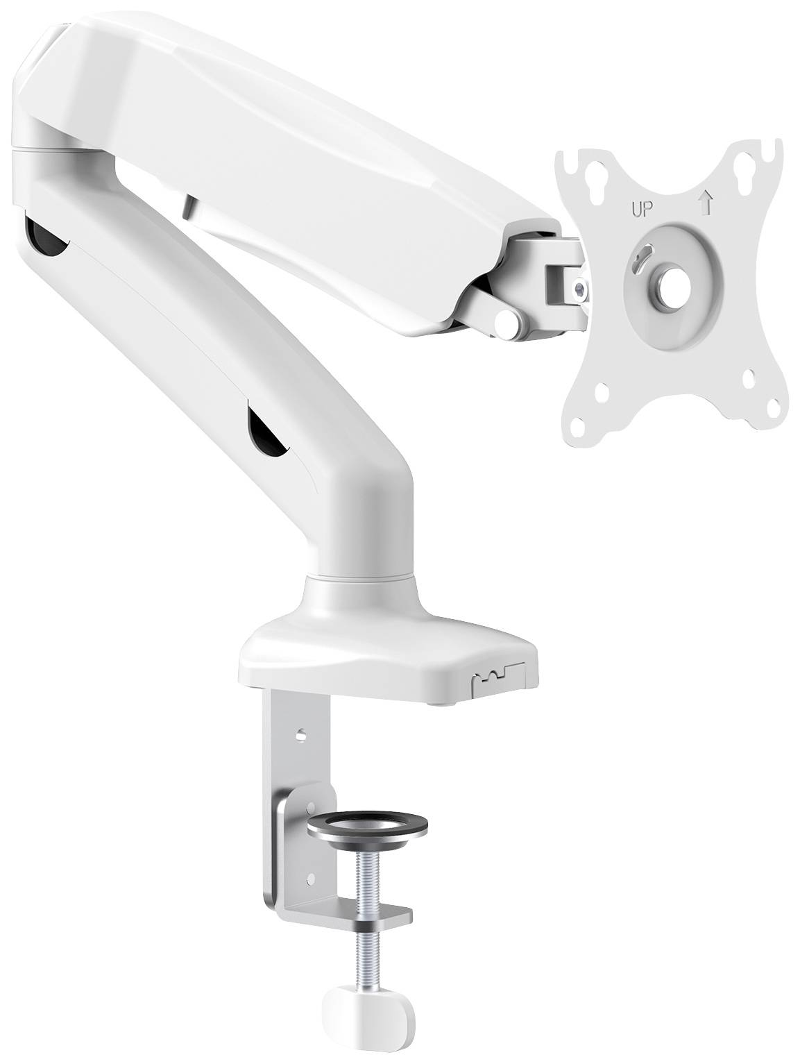 Ein weißer, verstellbarer Monitorarm mit Tischklemme und VESA-Halterung, geeignet zur ergonomischen Anbringung von Bildschirmen.