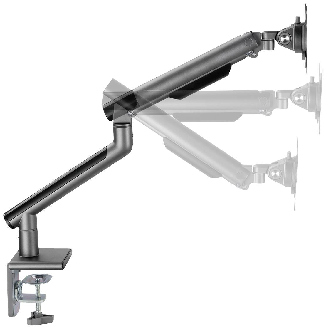 Ein verstellbarer Monitorarmhalter, montiert auf einem Tisch, zeigt die Flexibilität des Arms in verschiedenen Positionen.