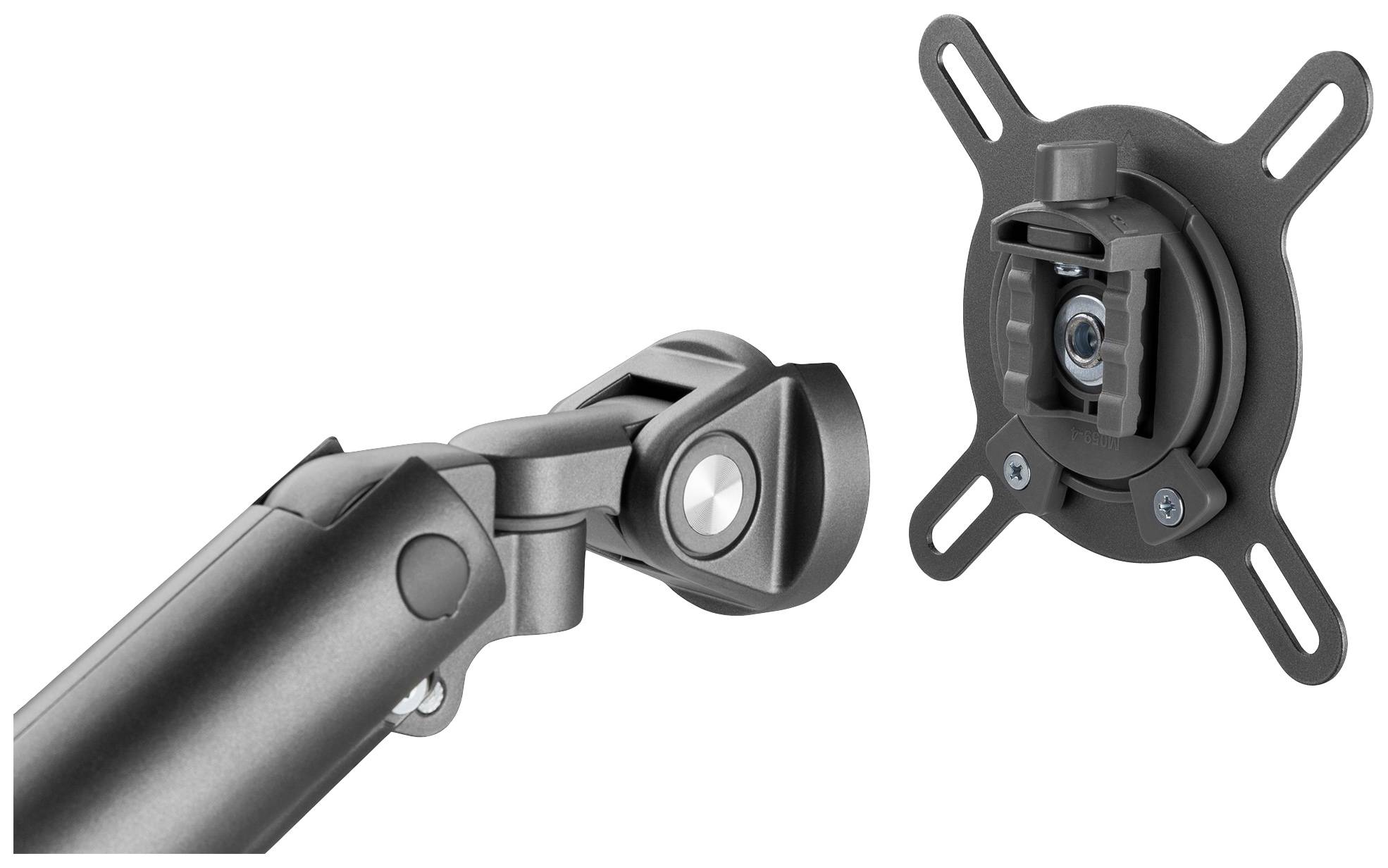 Monitorhalterung mit VESA-Aufnahme gezeigt, zwei Gelenke zur flexiblen Positionierung, montierbar an Wand oder Tisch für ergonomisches Arbeiten.