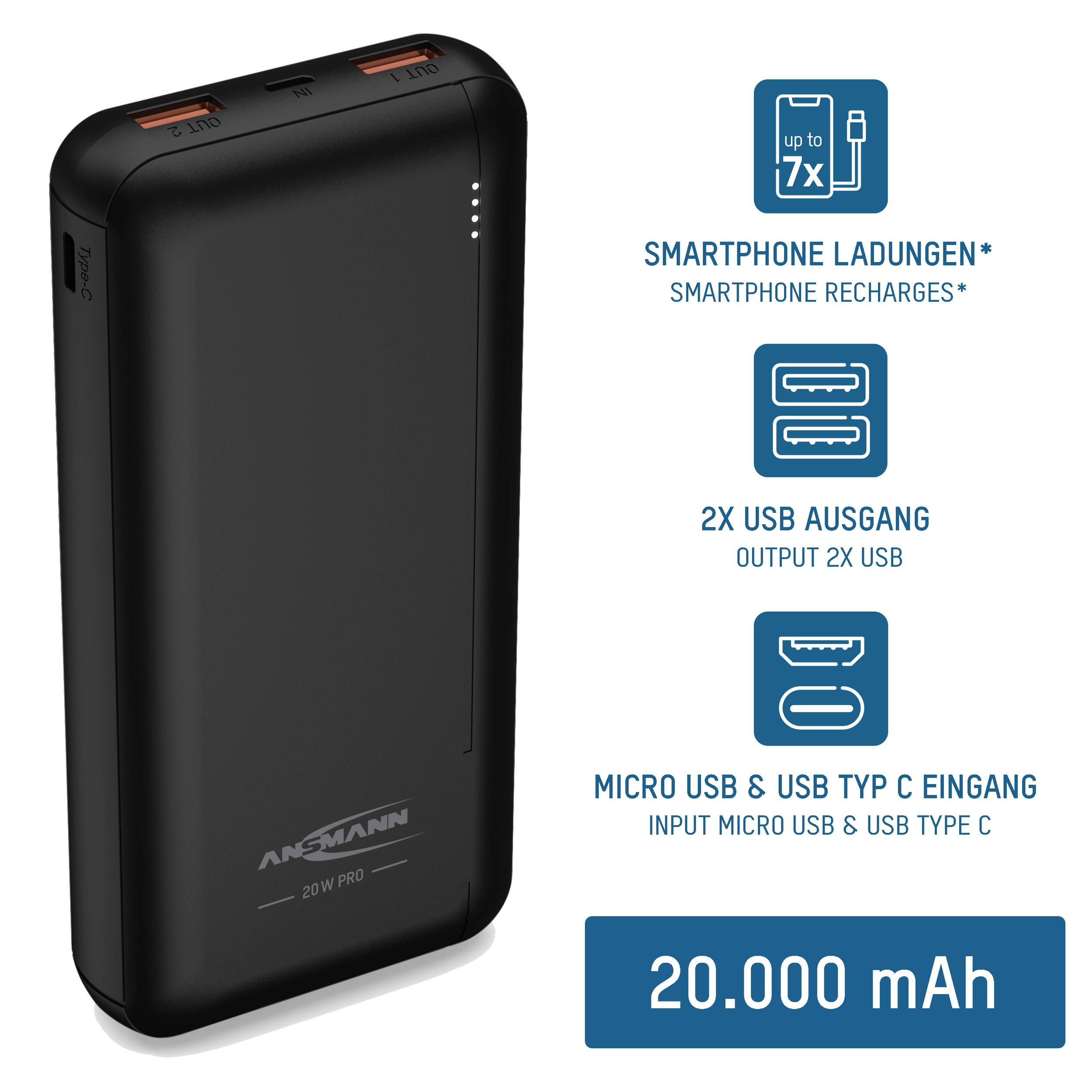 Schwarze Powerbank mit 20.000 mAh, geeignet für bis zu 7 Smartphone-Ladungen. Verfügt über 2 USB-Ausgänge und einen Micro USB & USB Typ C Eingang.