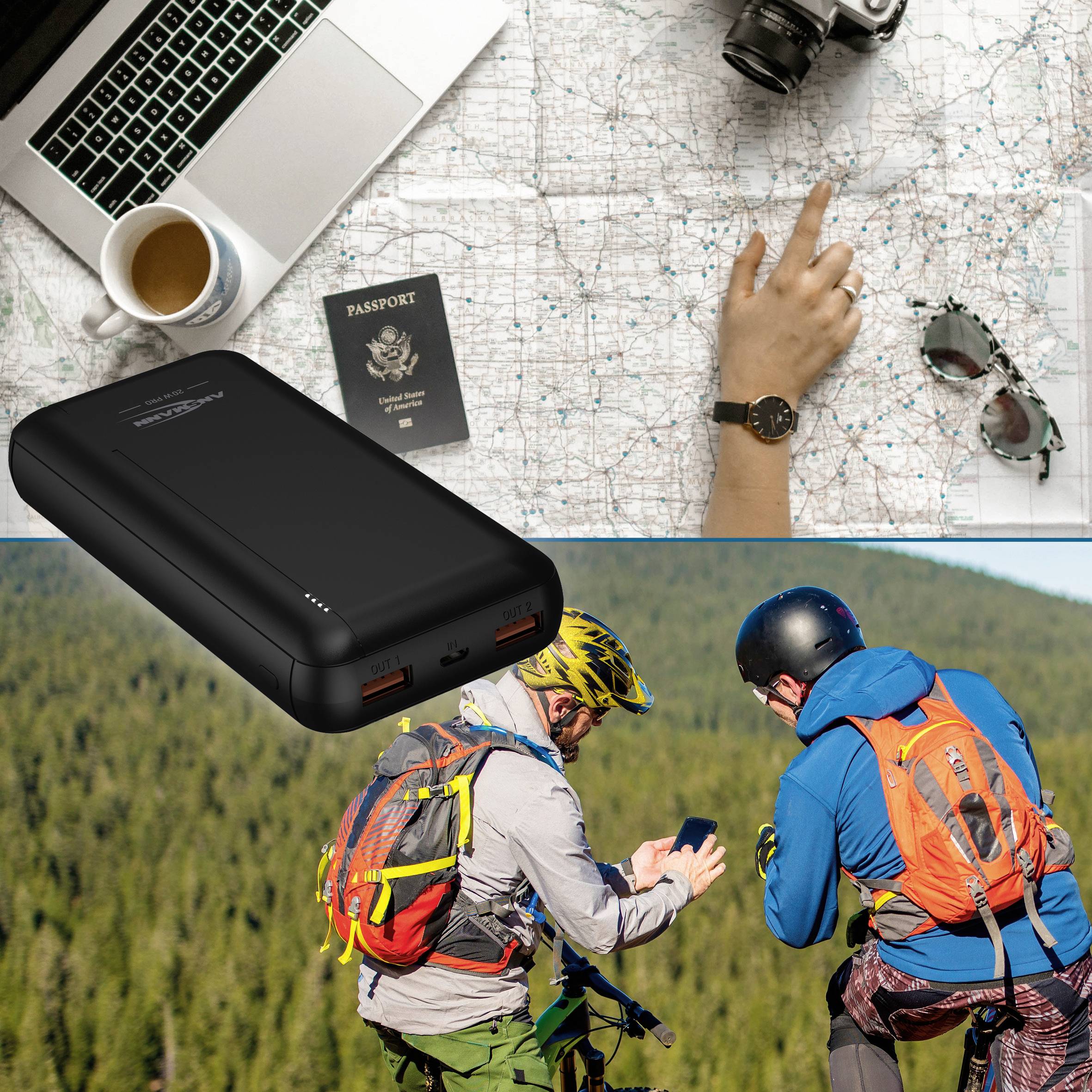 Eine Powerbank liegt auf einer Karte mit Laptop, Kamera und Kaffeetasse daneben. Zwei Wanderer nutzen sie in einem Wald setting.