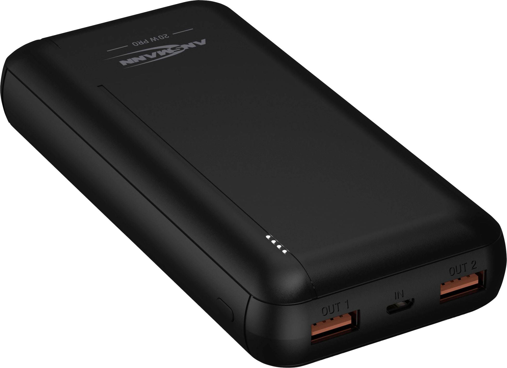 Tragbare schwarze Powerbank mit zwei USB-Ausgängen und LED-Anzeigen für Batteriestand. Geeignet für das Aufladen mobiler Geräte unterwegs.