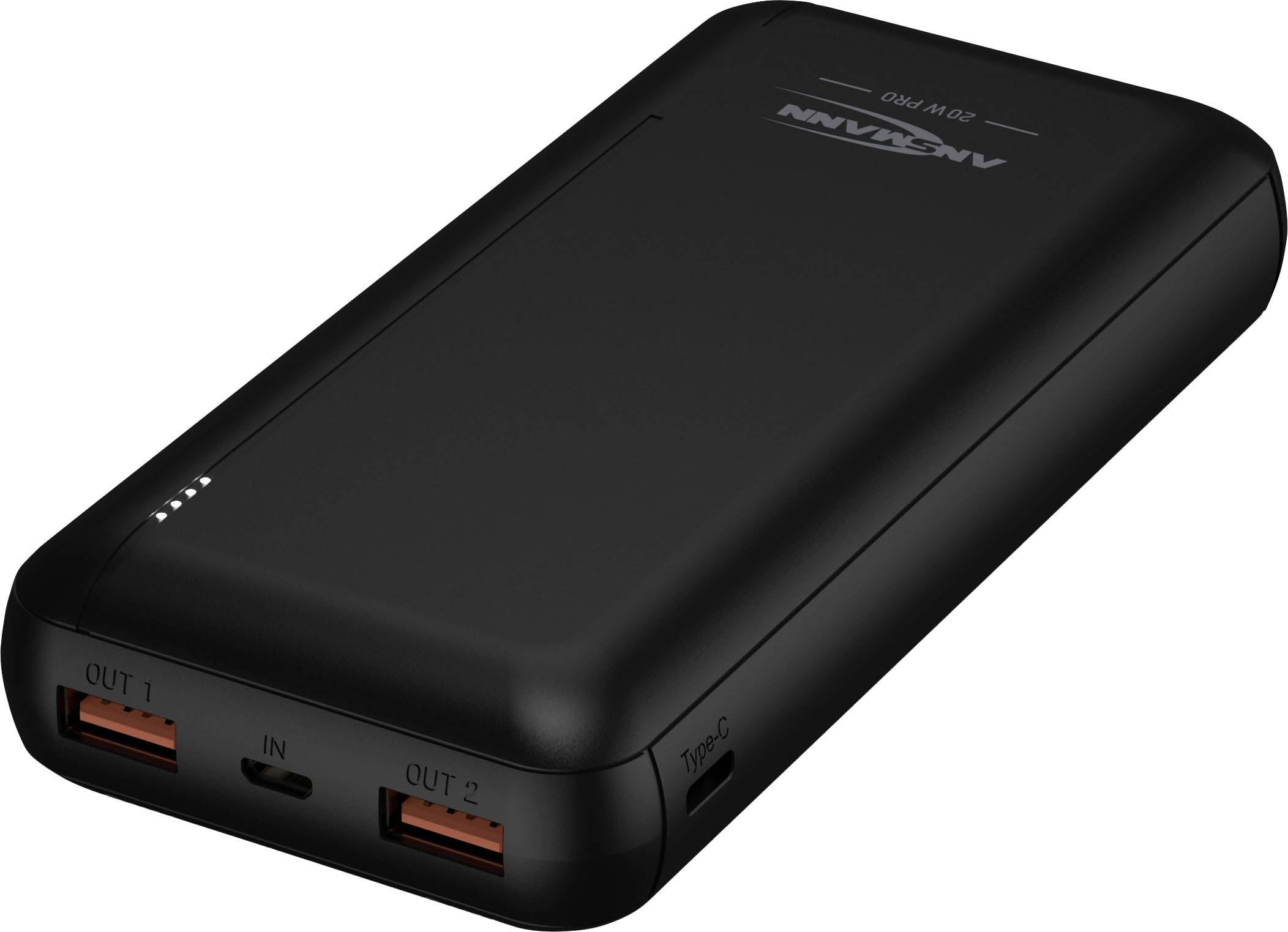 Schwarze Powerbank mit zwei USB-Anschlüssen und einem USB-C-Anschluss, geeignet zum Laden von mobilen Geräten unterwegs.