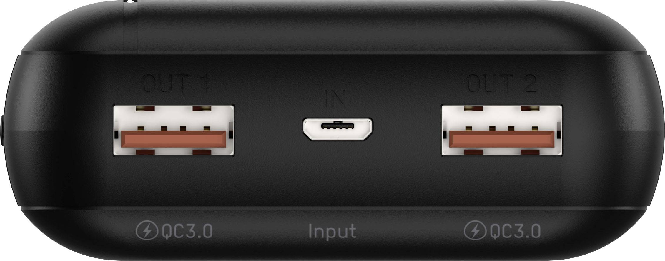 Ein schwarzes elektronisches Gerät mit zwei USB-Ausgängen und einem Mini-USB-Eingang, beschriftet mit 'QC3.0' und 'Input'.