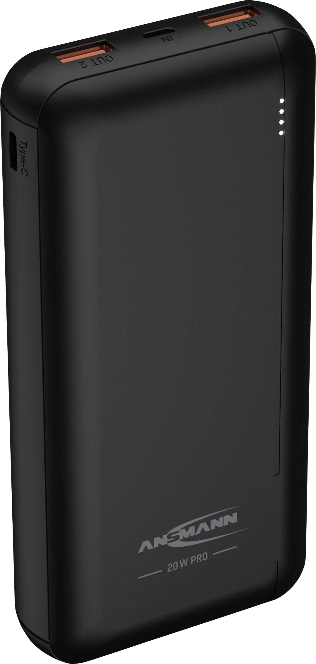 Schwarze Powerbank mit zwei USB-Anschlüssen und vier LED-Anzeigen für den Ladezustand. Marke 'Ansmann' steht auf der Vorderseite.