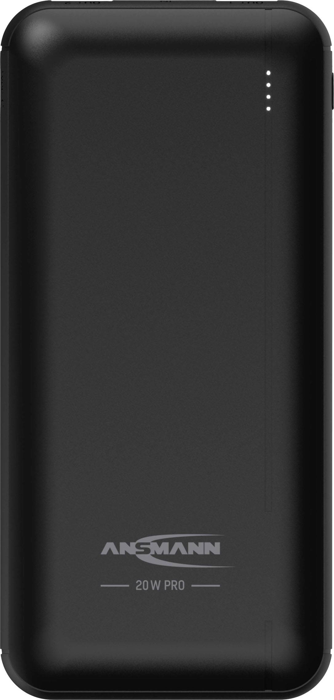 Eine schwarze Powerbank mit der Aufschrift 'Ansmann 20W Pro'. Vier kleine LEDs zeigen den Ladezustand an.