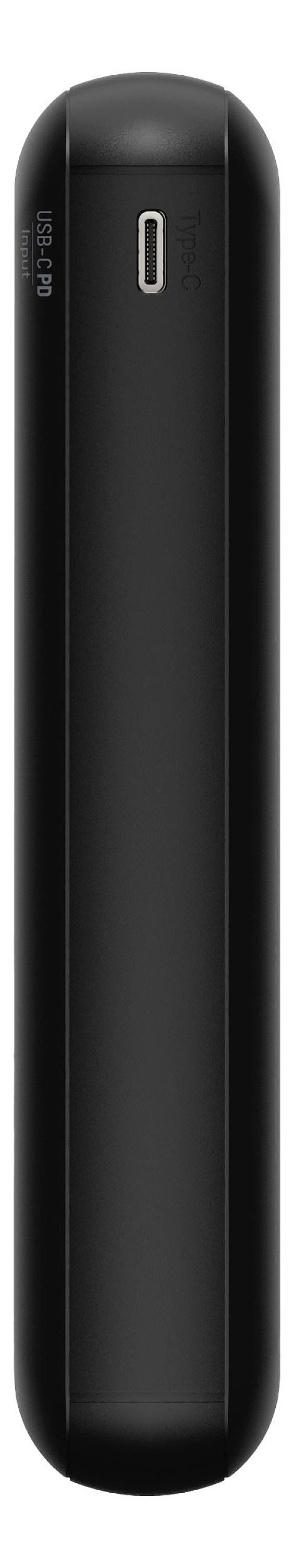 Ein schwarzes, zylindrisches tragbares Ladegerät mit einem USB-C-Anschluss oben, aufrechter Stand, schlichtes Design.