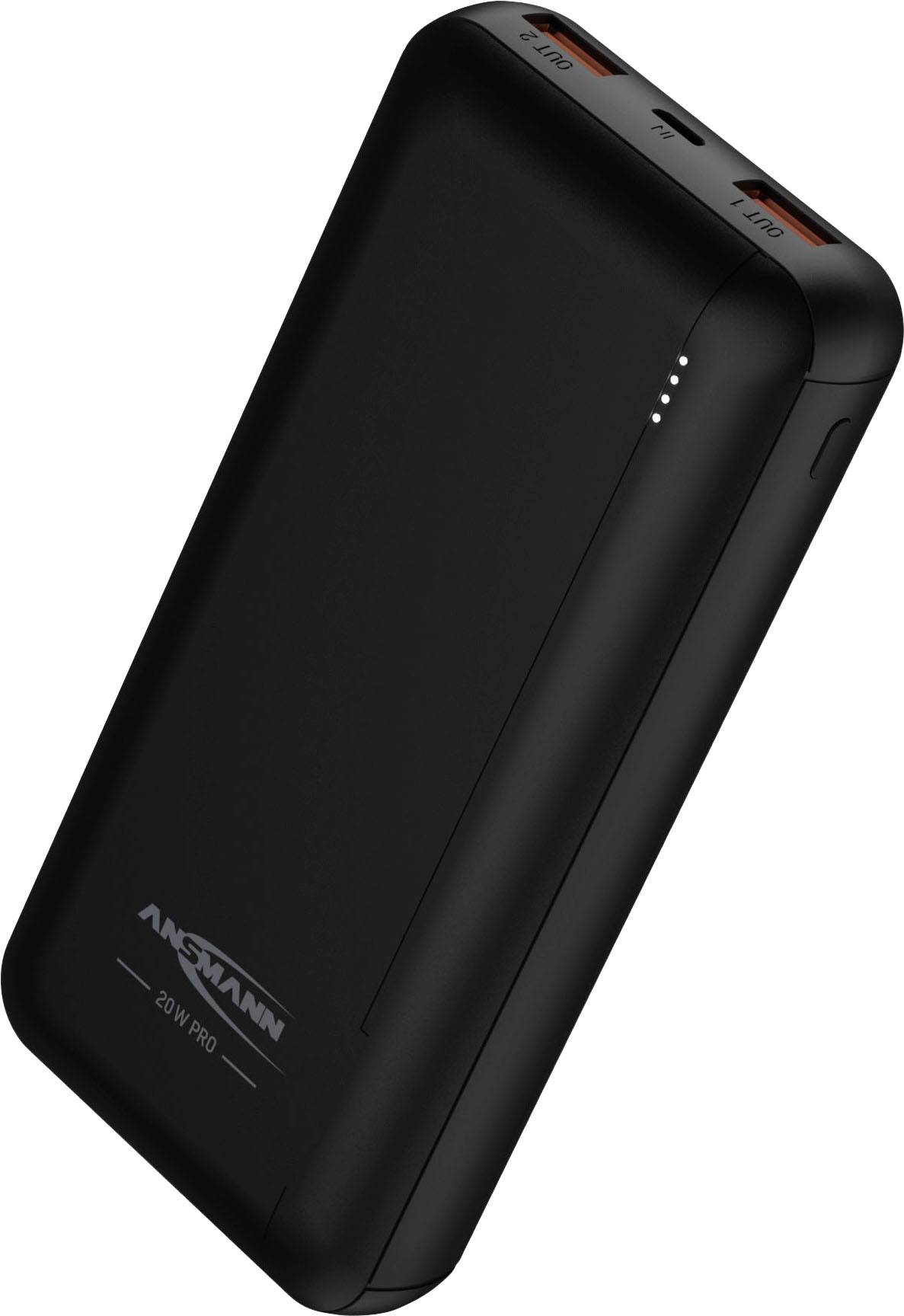 Tragbares, schwarzes Ladegerät mit zwei USB-Anschlüssen und vier LED-Anzeigen zur Ladeanzeige.