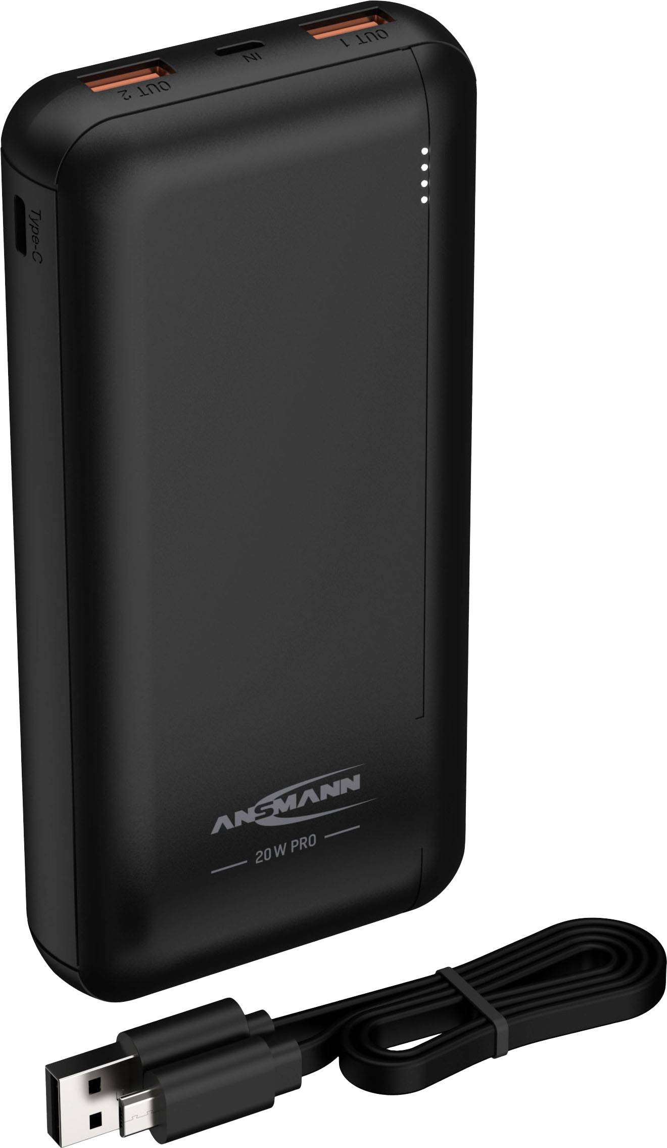 Eine schwarze Powerbank mit zwei USB-Anschlüssen und einem mitgelieferten USB-Kabel. Die Vorderseite zeigt vier Ladeanzeigen.