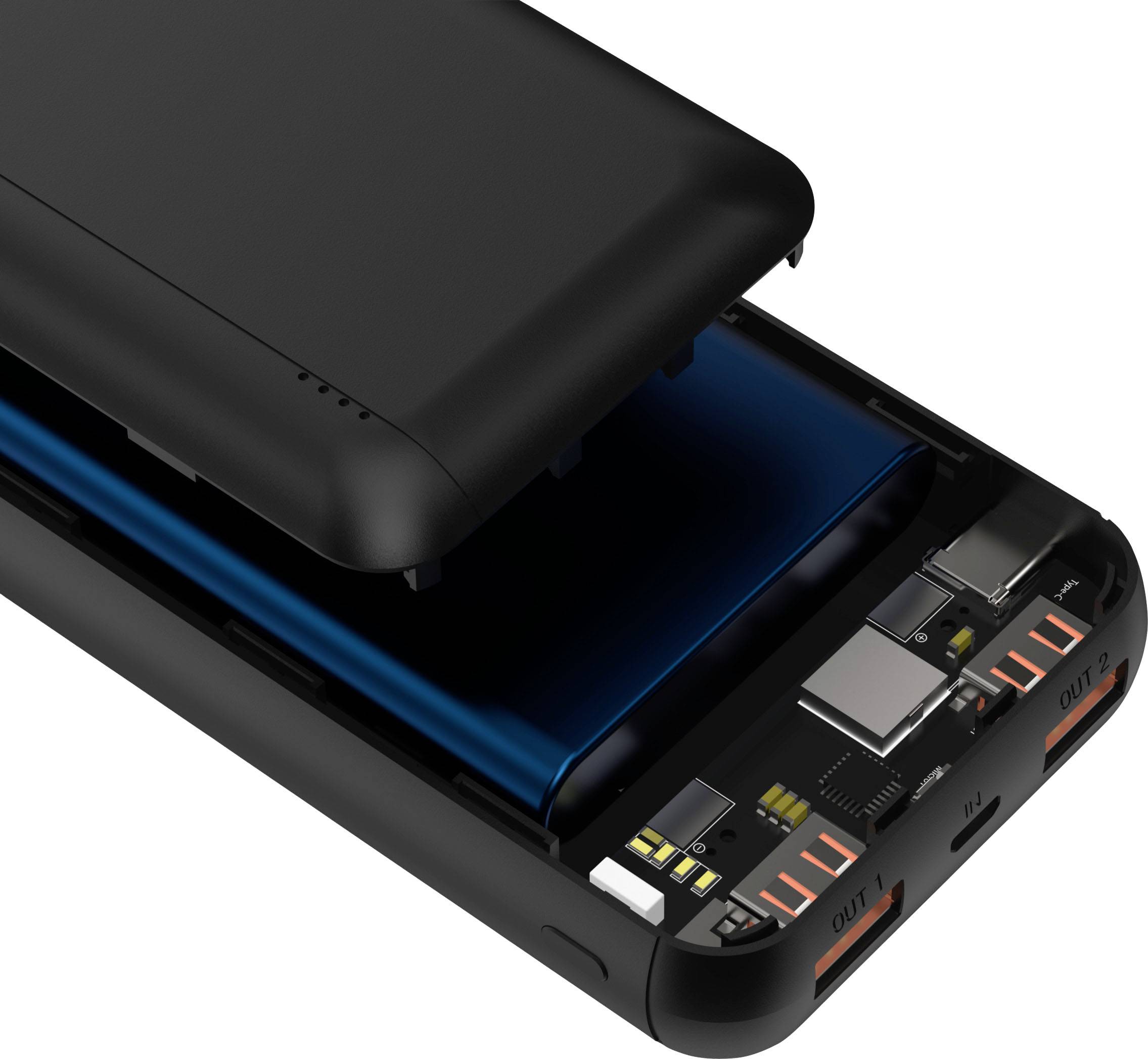 Abbildung eines zerlegten tragbaren Ladegeräts mit sichtbaren internen Komponenten wie Akku, Schaltkreisen und Anschlüssen.